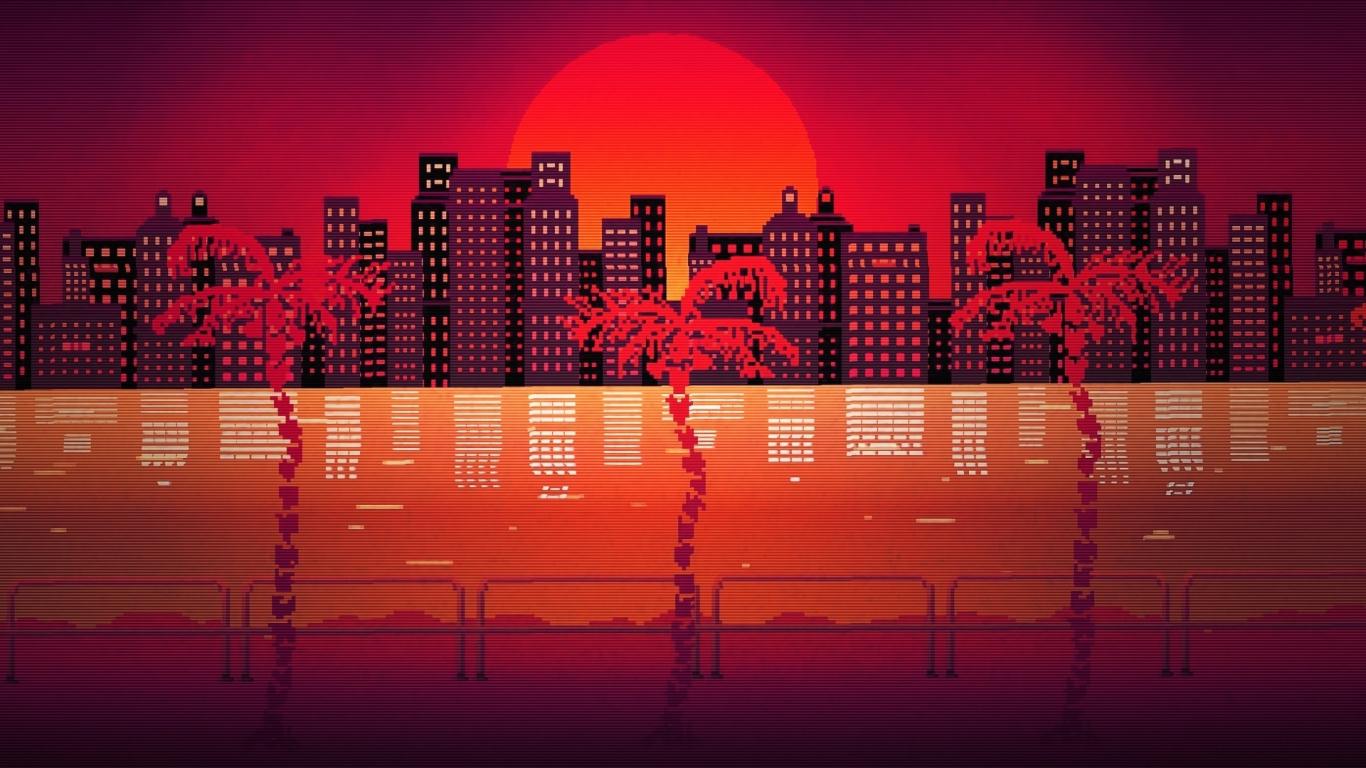 1366x768 Download 1366x768 wallpaper miami, pixel art, buildings, palm tree, cityscape, tablet, laptop, 1366x768 HD image, background, 16717