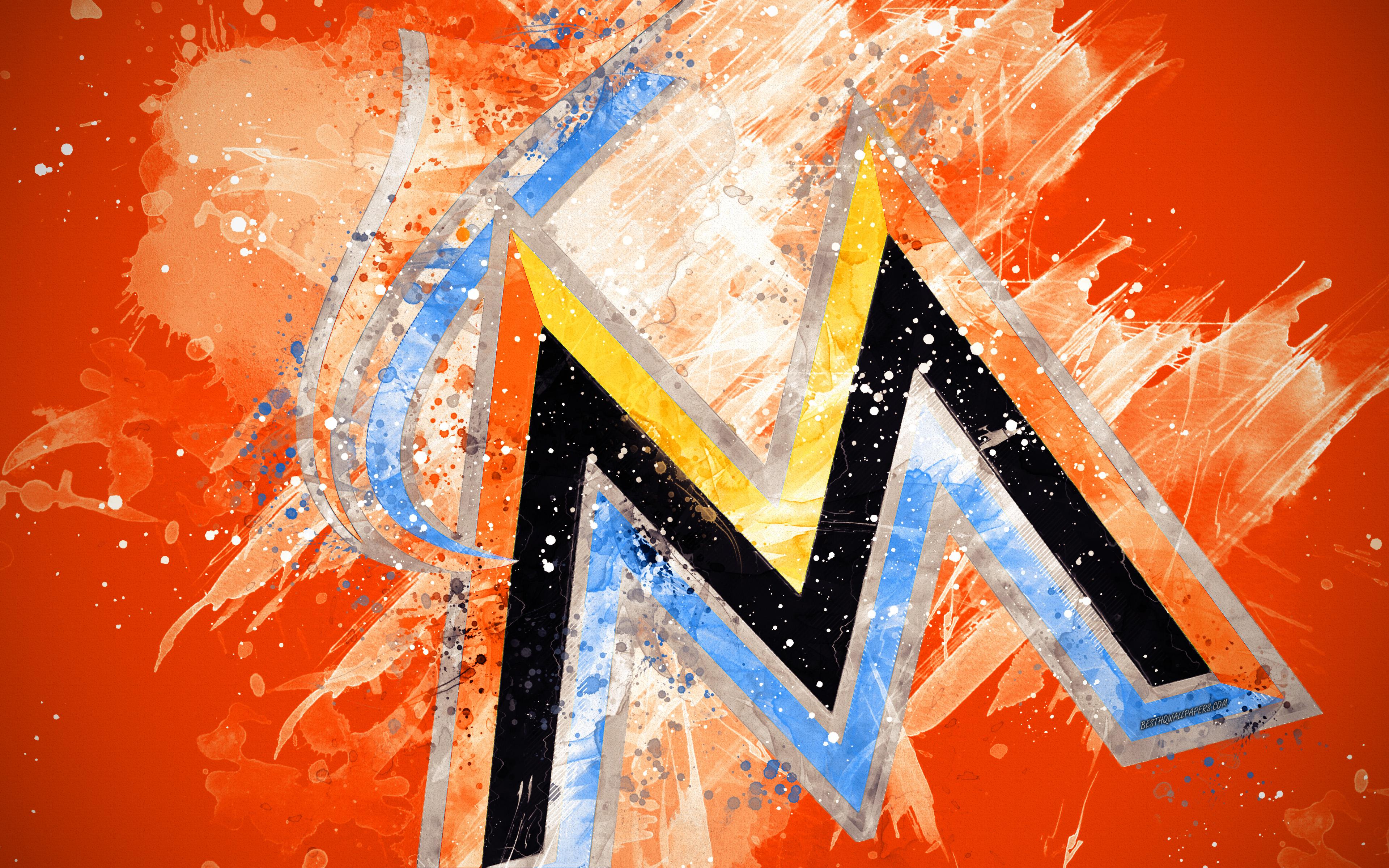 3840x2400 Download wallpaper Miami Marlins, 4k, grunge art, logo, american baseball club, MLB, orange background, emblem, Miami, Florida, USA, Major League Baseball, National League, creative art for desktop with resolution 3840x2400. High Quality