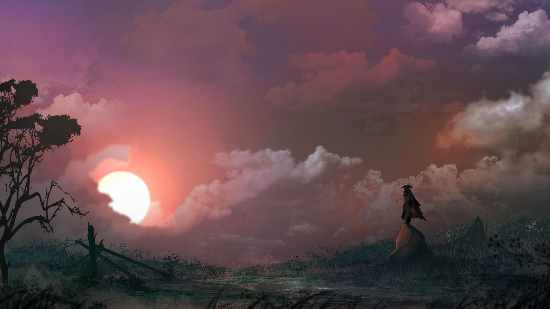 1920x1080 Download 1920x1080 Men Standing, Samurai, Sunset, Clouds, Sky Wallpaper for Widescreen