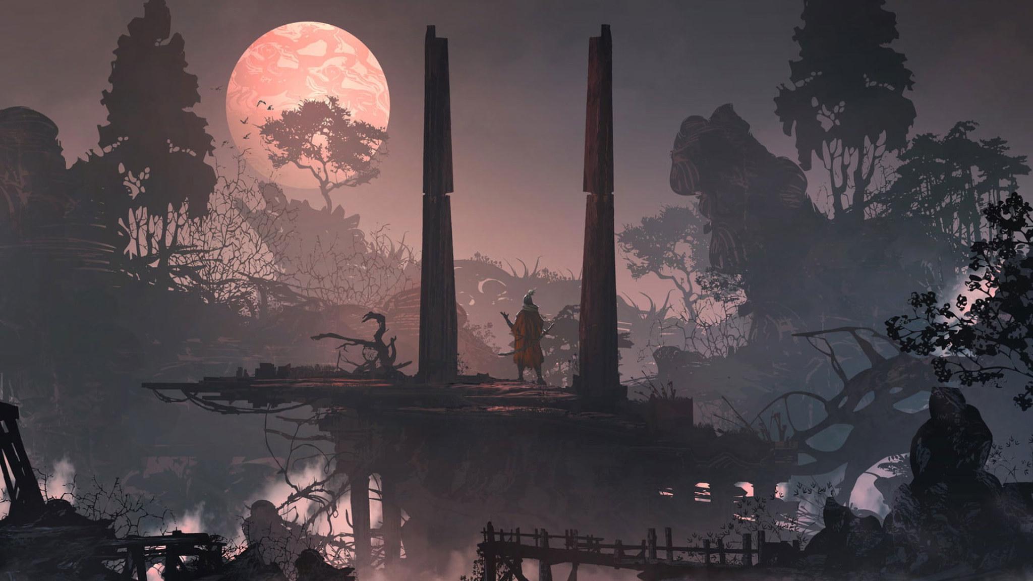 2048x1152 Digital art wallpaper, samurai, warrior, landscape, environment, sunset • Wallpaper For You HD Wallpaper For Desktop & Mobile