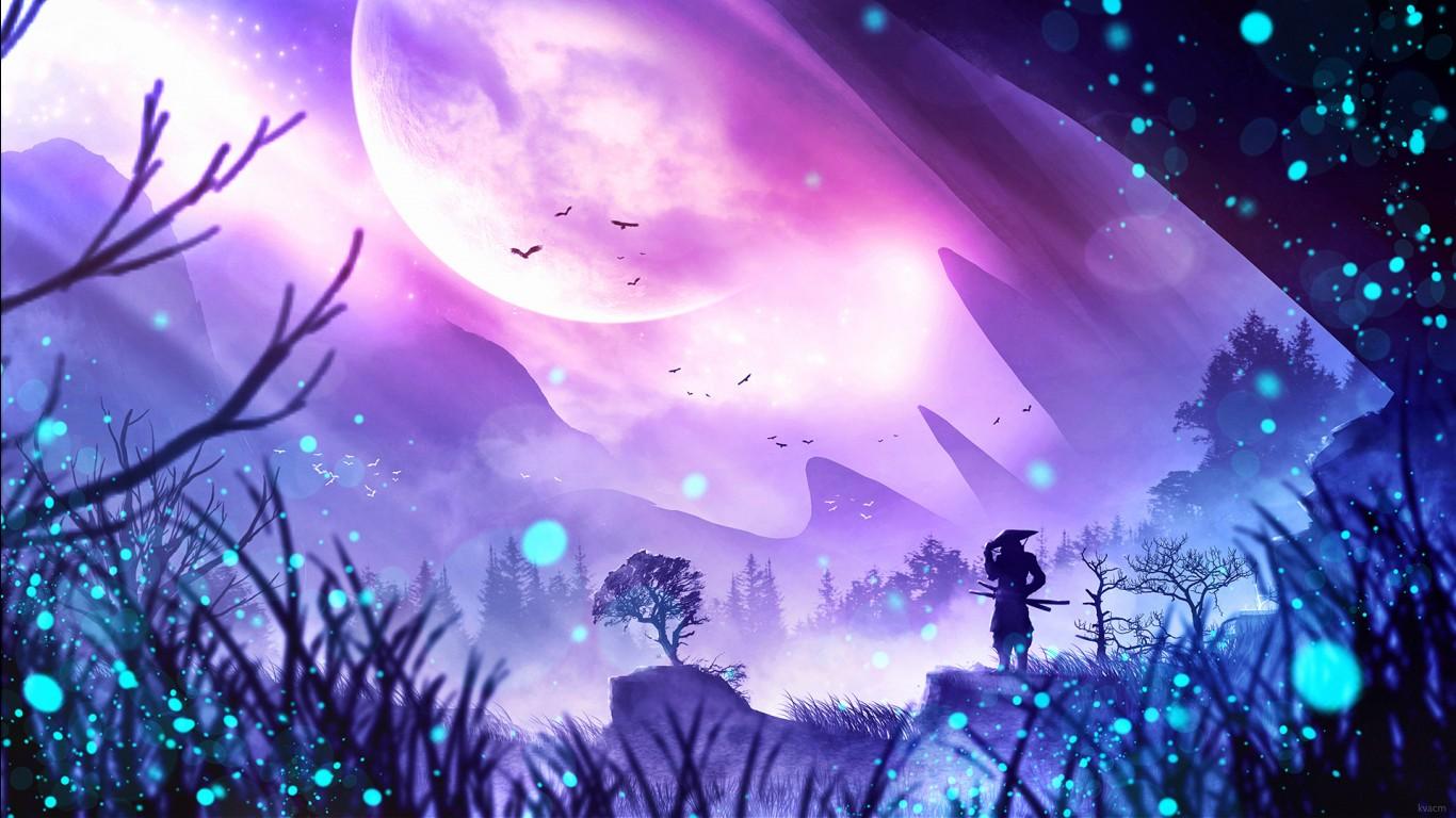 1366x768 Blue Landscape Mountain Planet Purple Samurai Tree Warrior HD Samurai Wallpaper