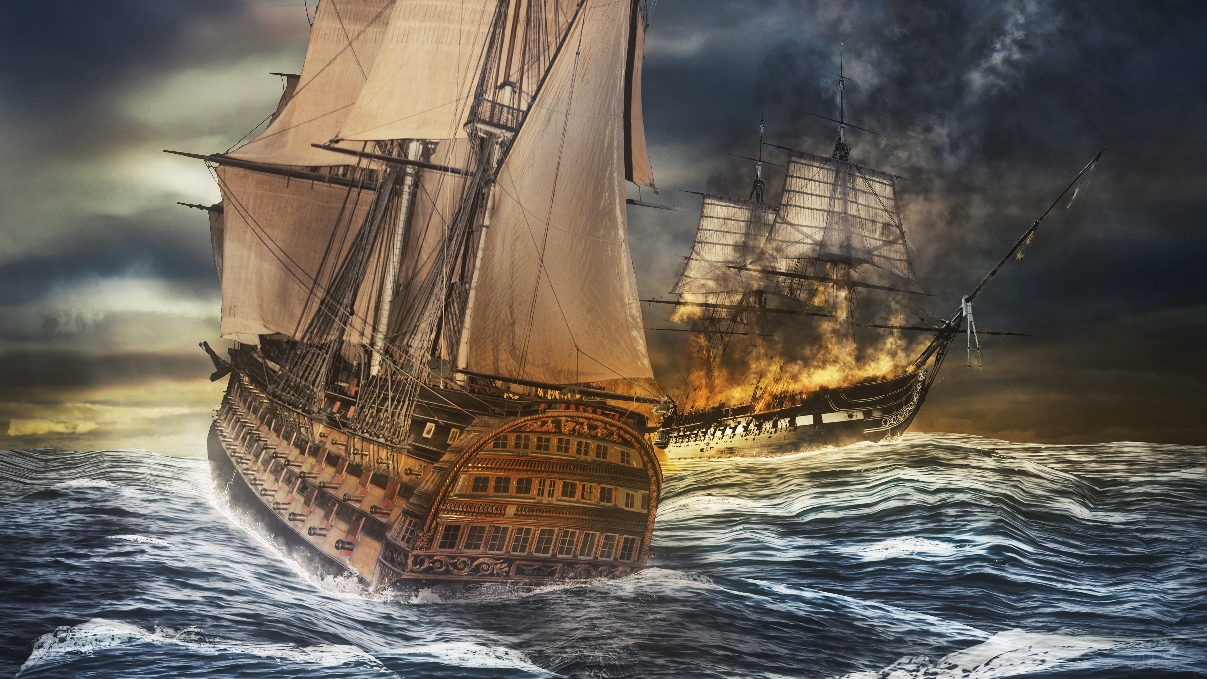 3840x2160 sea battle HD wallpaper, Background