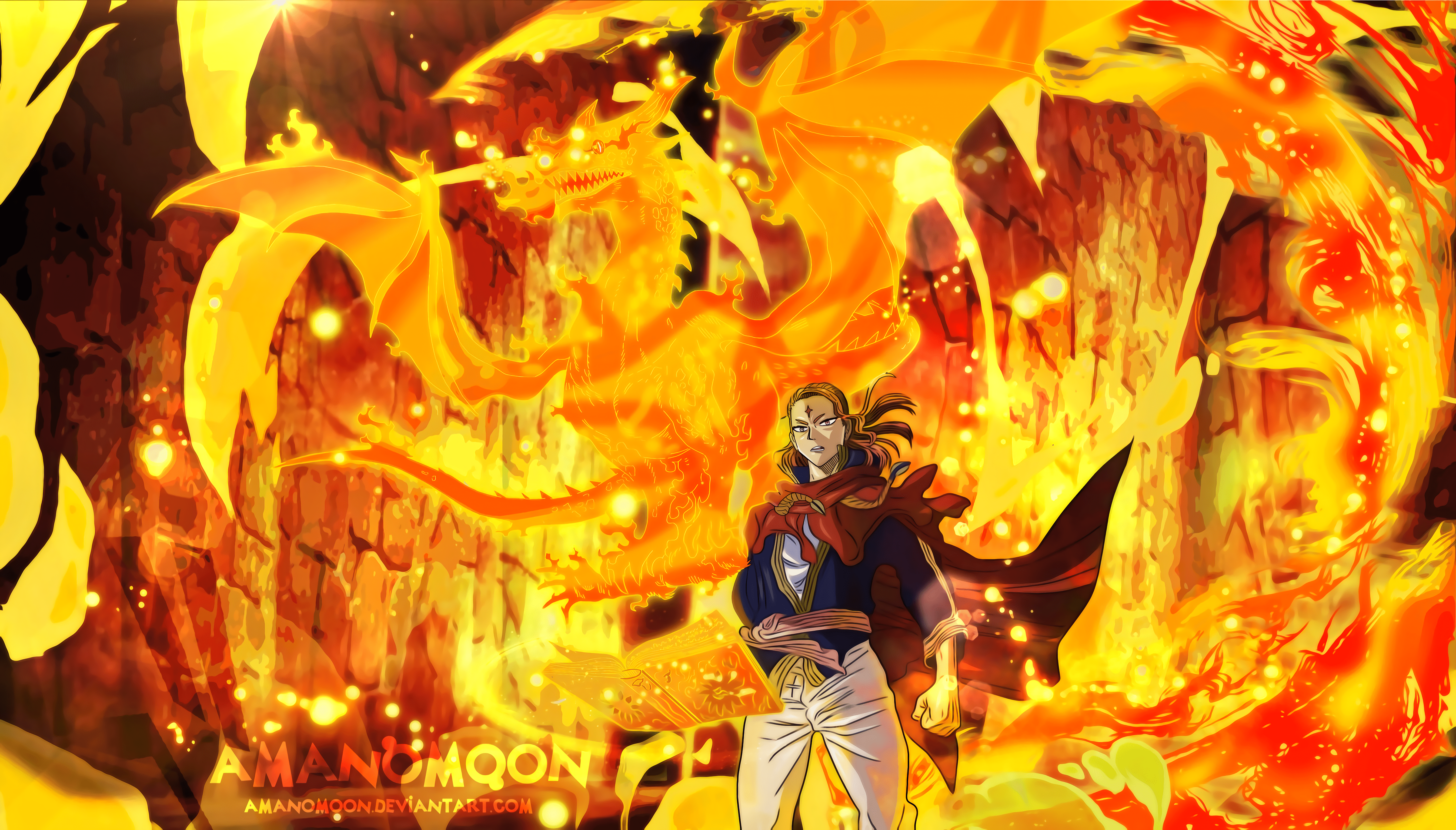 5388x3070 Fire, Anime, Dragon, Magic, Black Clover, Boy, Book, Fuegoleon Vermillion, Blonde wallpaper