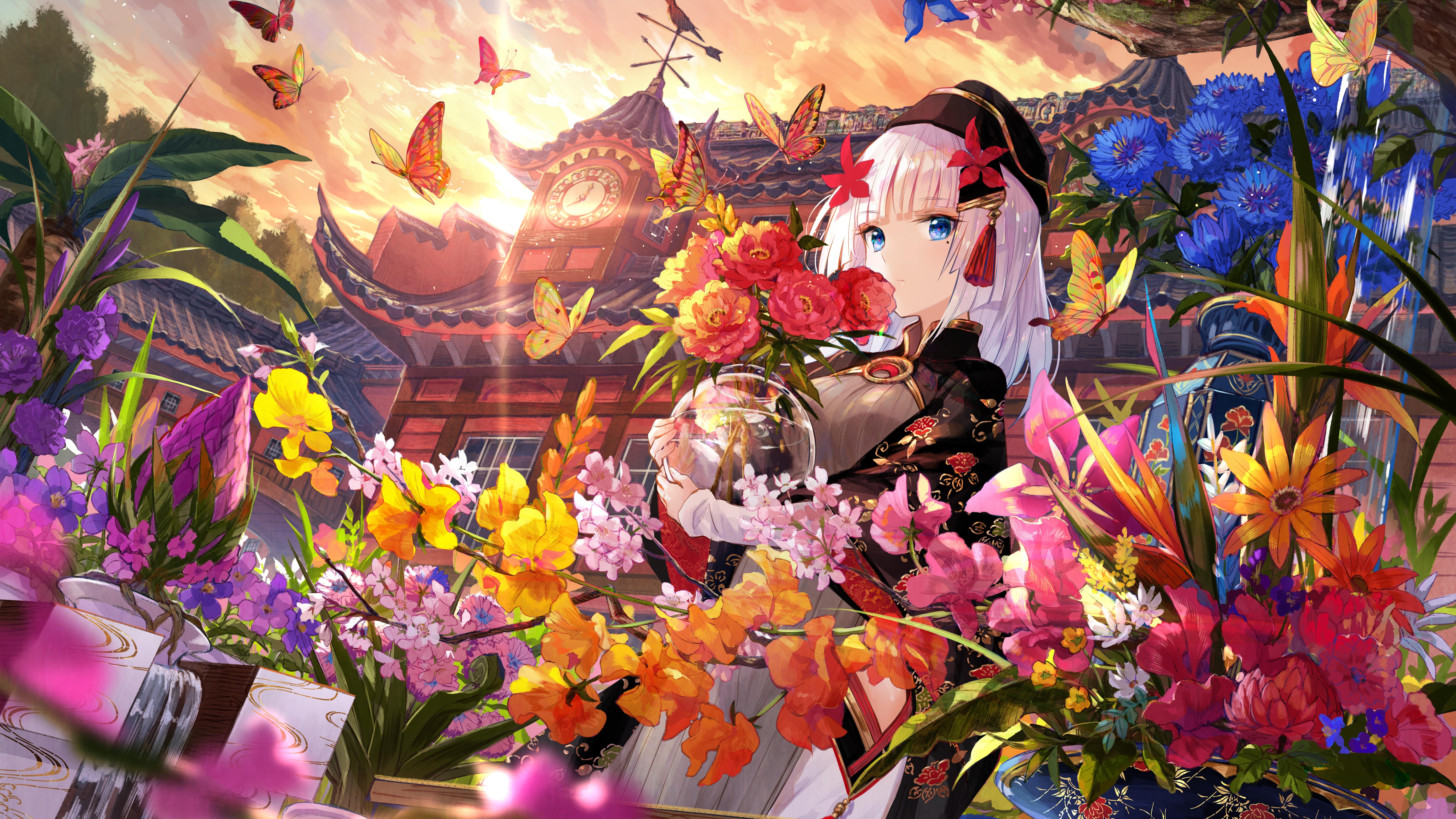 7680x4320 Anime, Girl, Butterfly, Beautiful, Flowers, 8k, Wallpaper 8k