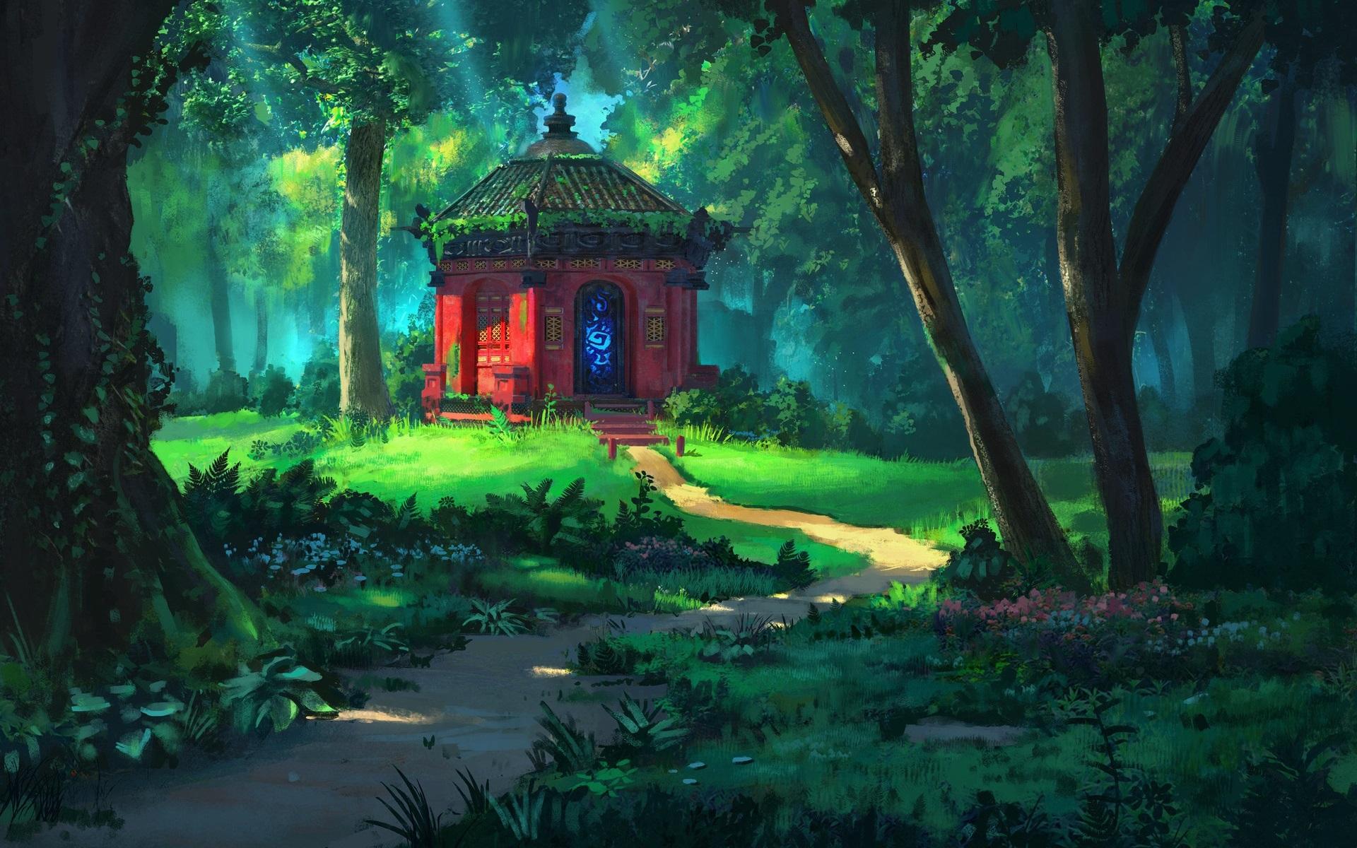 1920x1200 Wallpaper Forest, trees, temple, grass, summer, art painting 1920x1200 HD Picture, Image