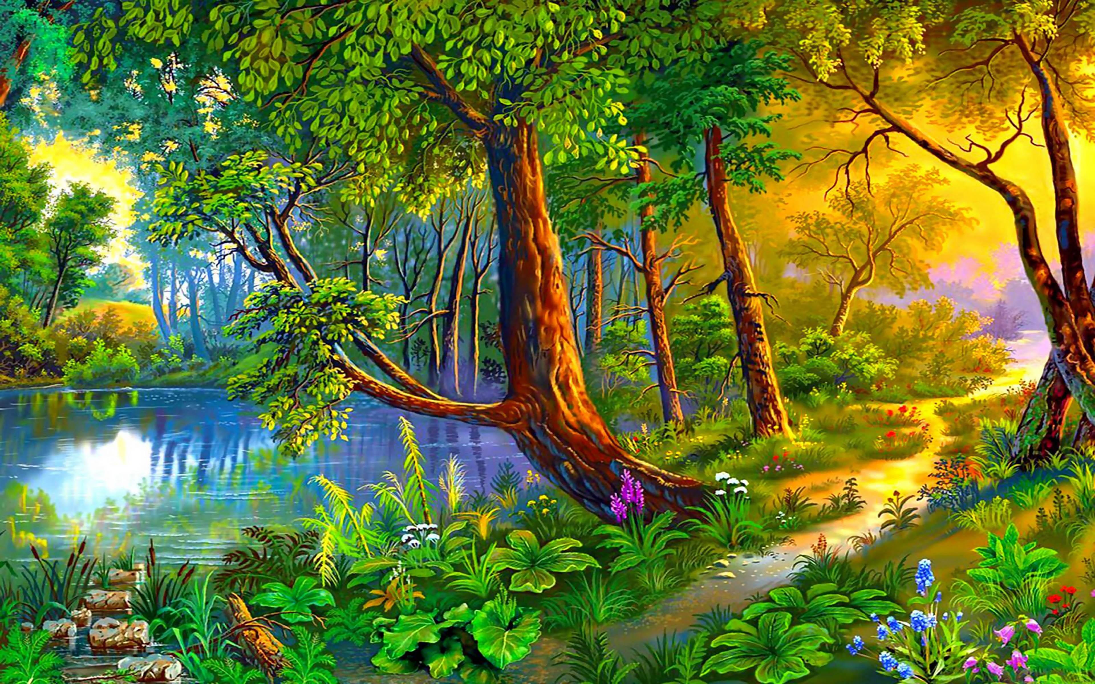 3840x2400 Beautiful Landscape Art Image Summer Painting Forest Trees Path River Forest Flowers Desktop HD Wallpaper For Your Computer :