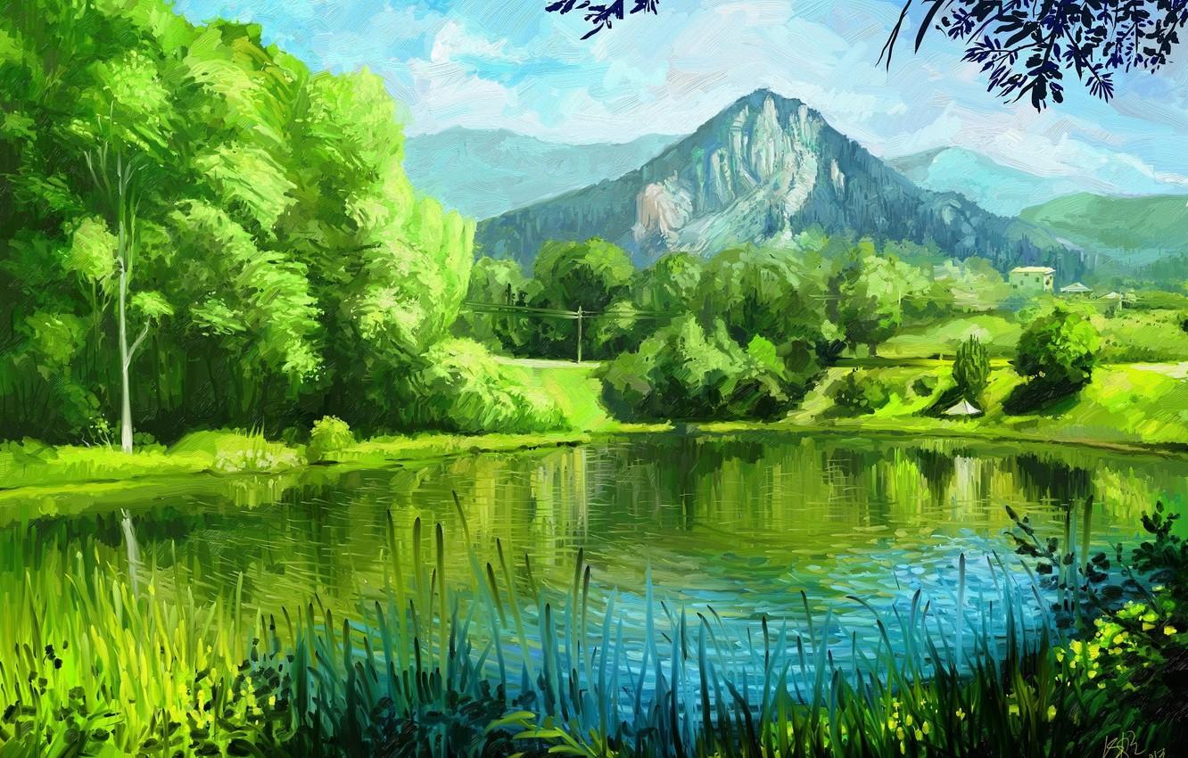 1332x850 Wallpaper summer, grass, trees, mountains, nature, lake, art, painting, green image for desktop, section живопись