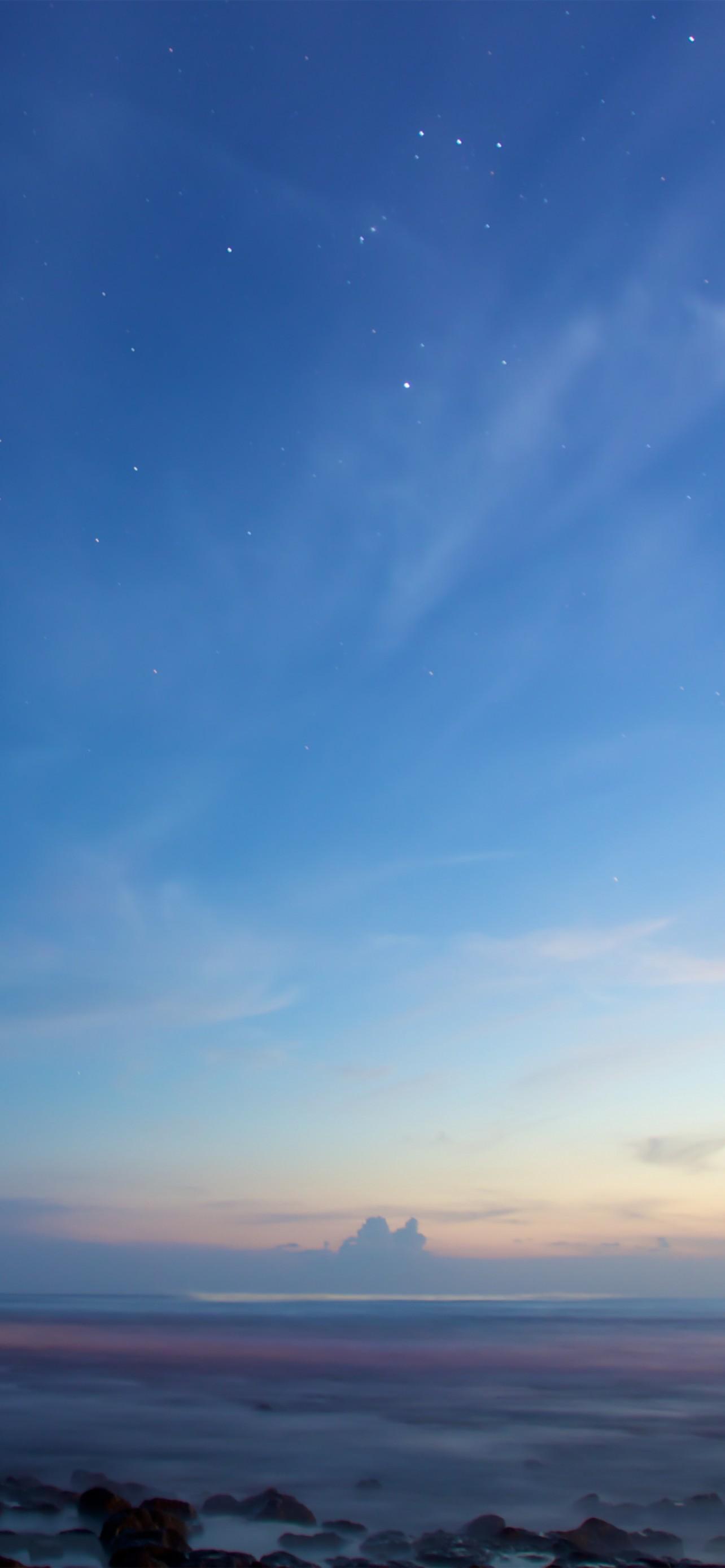 1284x2778 Clear sky 4K Wallpaper, Sunset, Dusk, Blue sky, Starry sky, Horizon, Beach, Seascape, Rocky shore, Nature