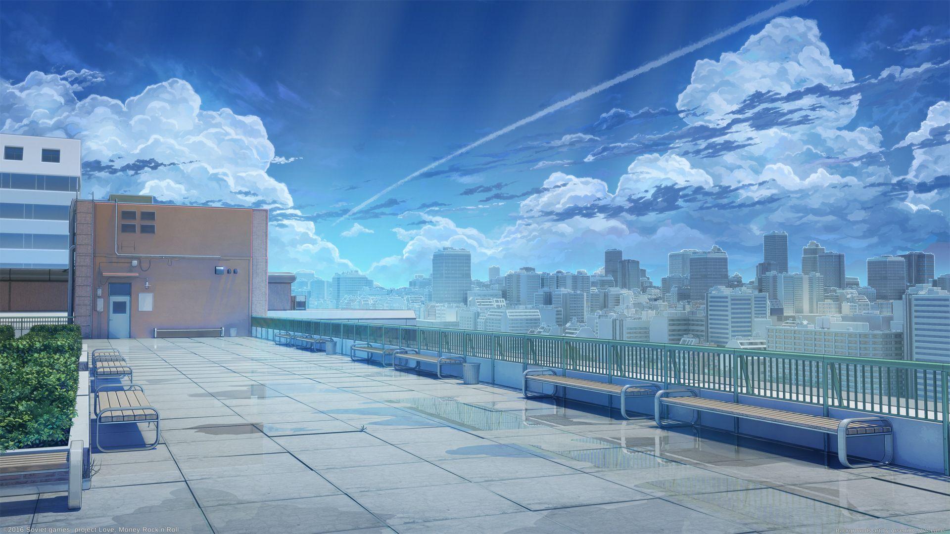 1920x1080 Anime Scenery Roof Top Wallpaper