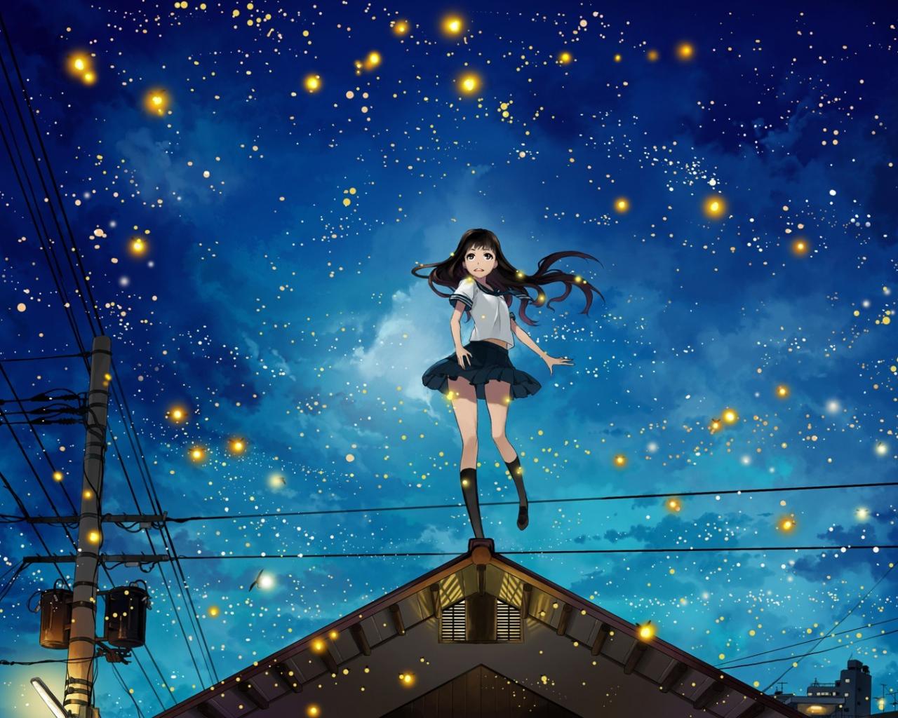 1280x1024 Free download night Power Lines Rooftops Stars Anime Girls Original [1920x1080] for your Desktop, Mobile & Tablet. Explore Star Girl Desktop Wallpaper. Star Girl Desktop Wallpaper, Girl Wallpaper, Wallpaper Girl