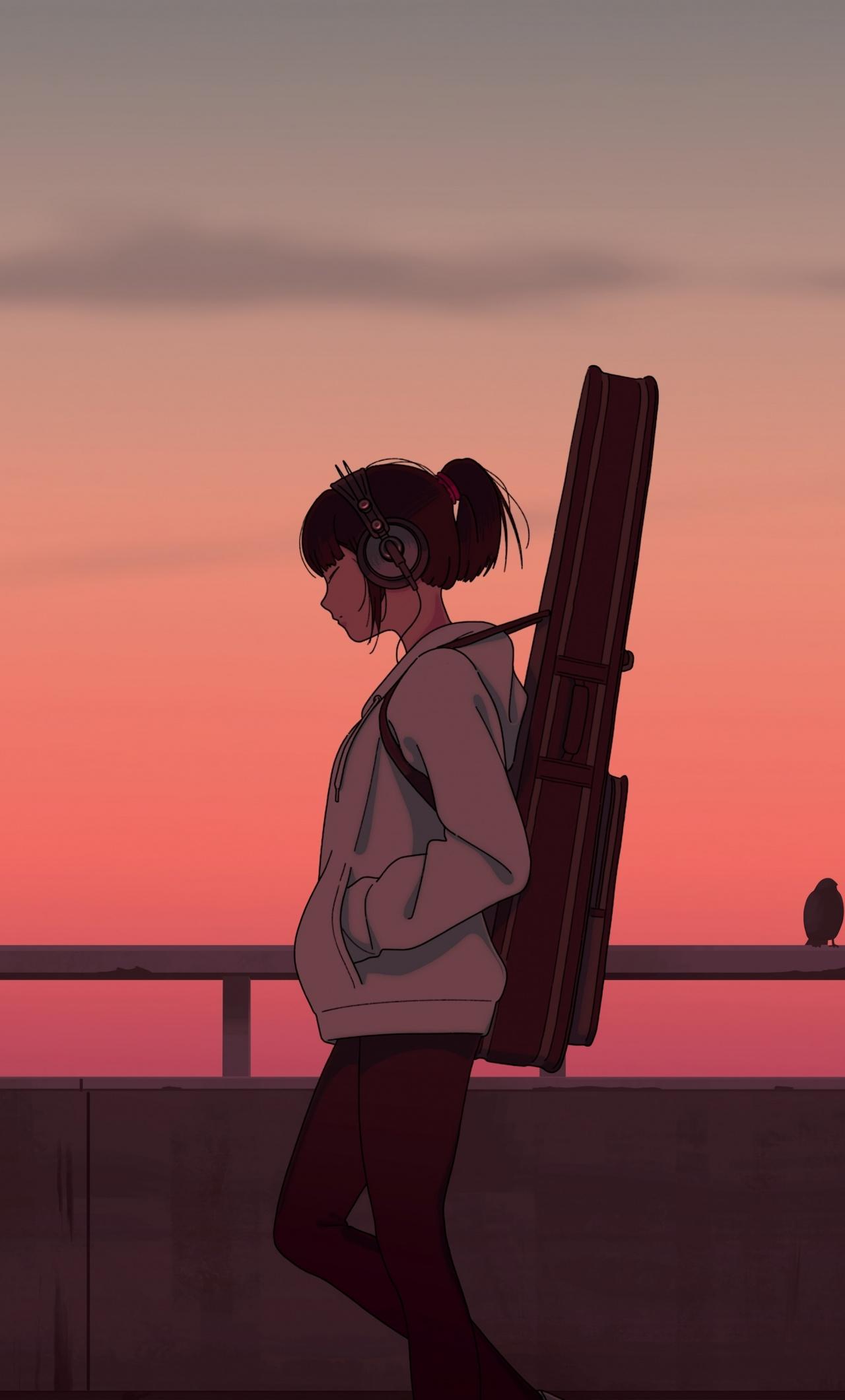 1280x2120 Download Girl musician, guitar, anime girl, sunset, art wallpaper, 1280x iPhone 6 Plus