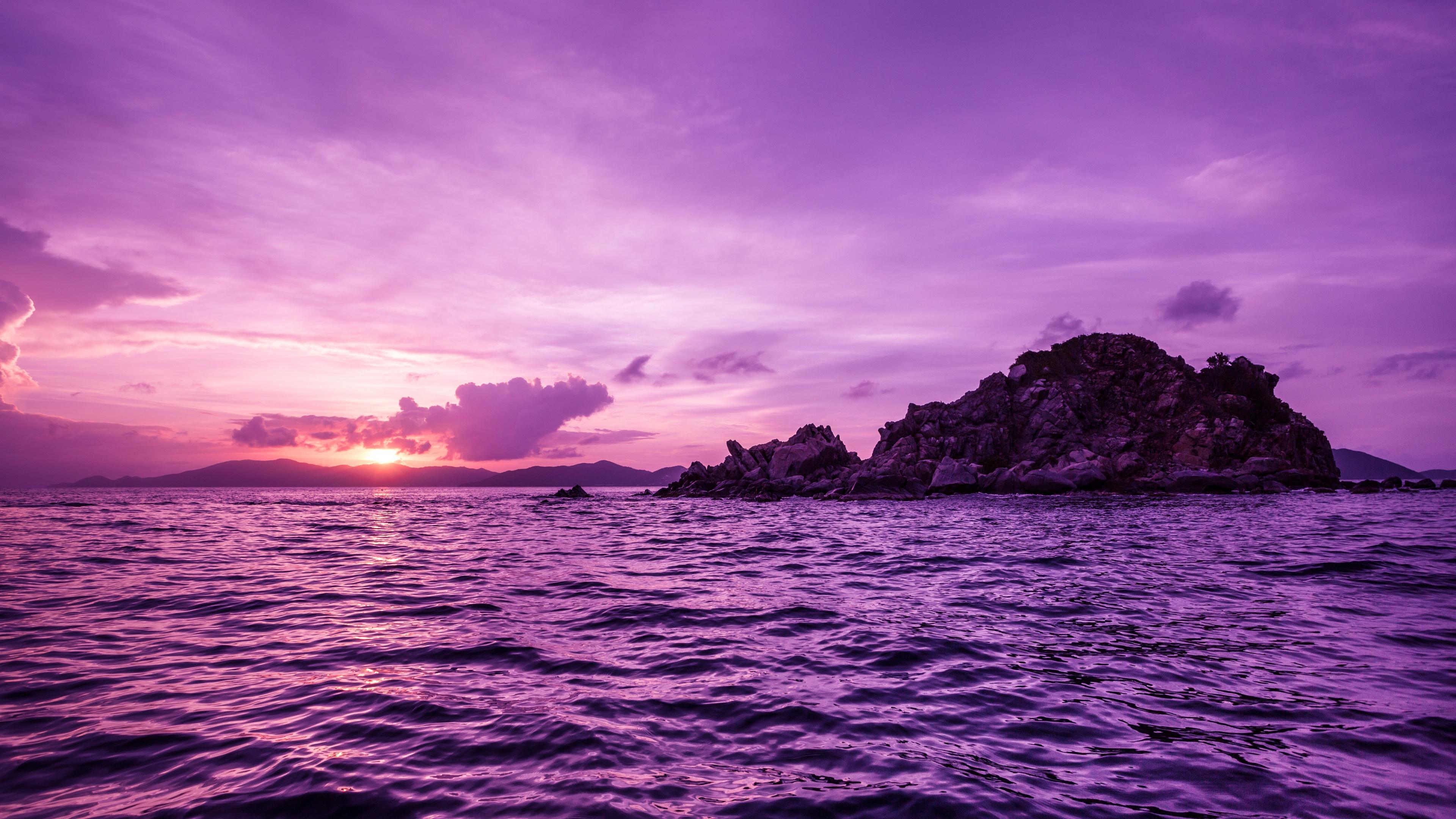 3840x2160 British Virgin Islands 4K Wallpaper, Purple sky, Body of Water, Waves, Sunset, Seascape, Tropical, 5K, Nature