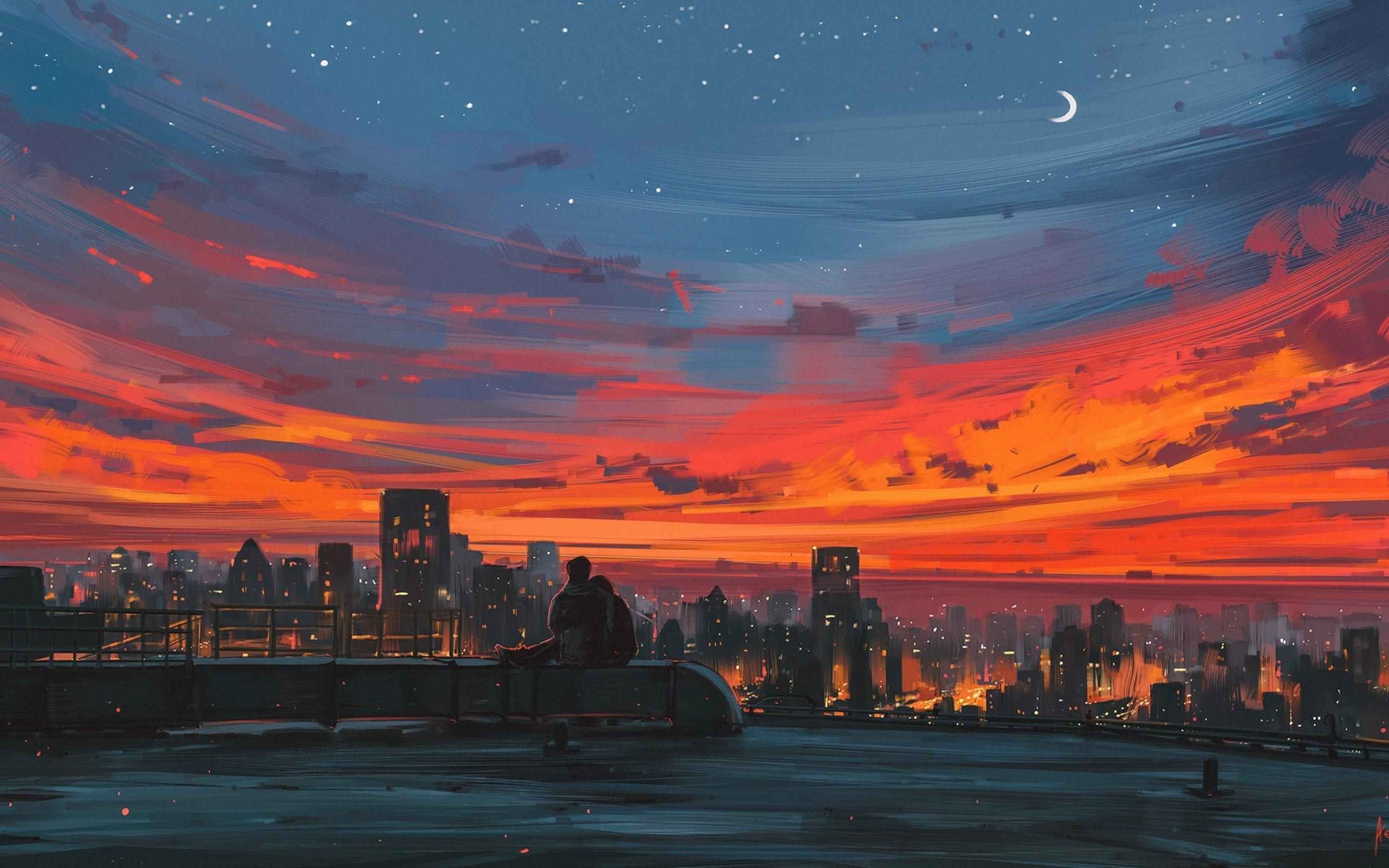 2880x1800 Download 2880x1800 Anime Couple, Sunset, Cityscape, Scenic, Mood, Relaxing, Crescent Wallpaper for MacBook Pro 15 inch
