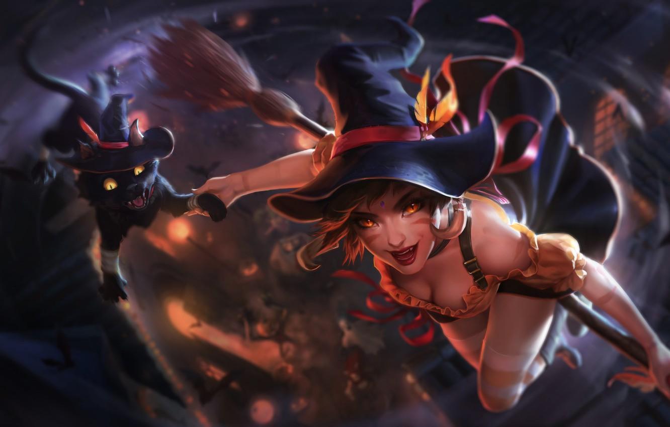1332x850 Wallpaper girl, fantasy, cleavage, halloween, flying, hat, cat, holiday, digital art, artwork, fantasy art, black cat, Witch, broom, witch hat, flying broom image for desktop, section праздники