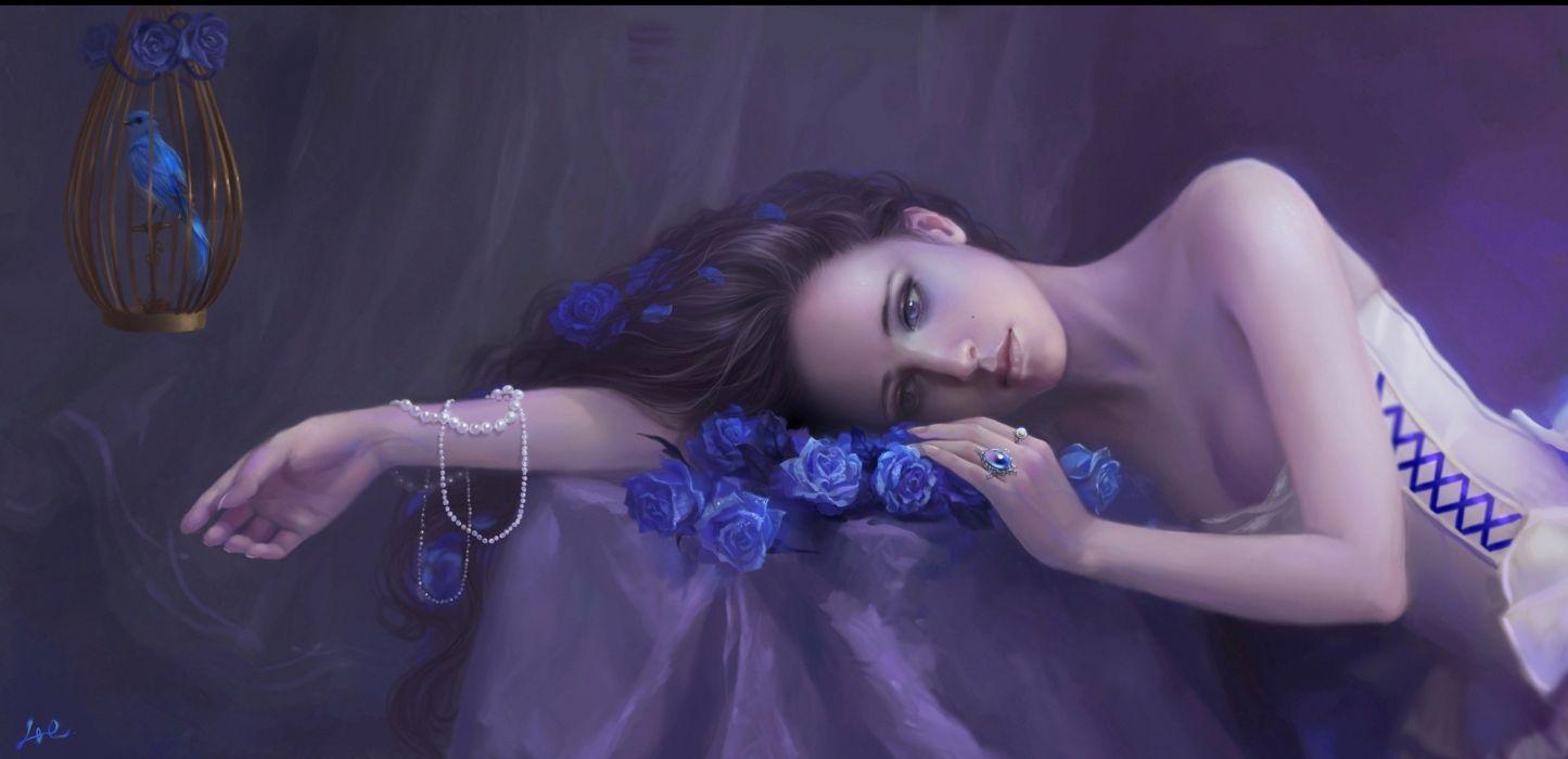 1445x700 Girl flowers roses bird mood cage fantasy Women Gothic beads wallpaperx1145