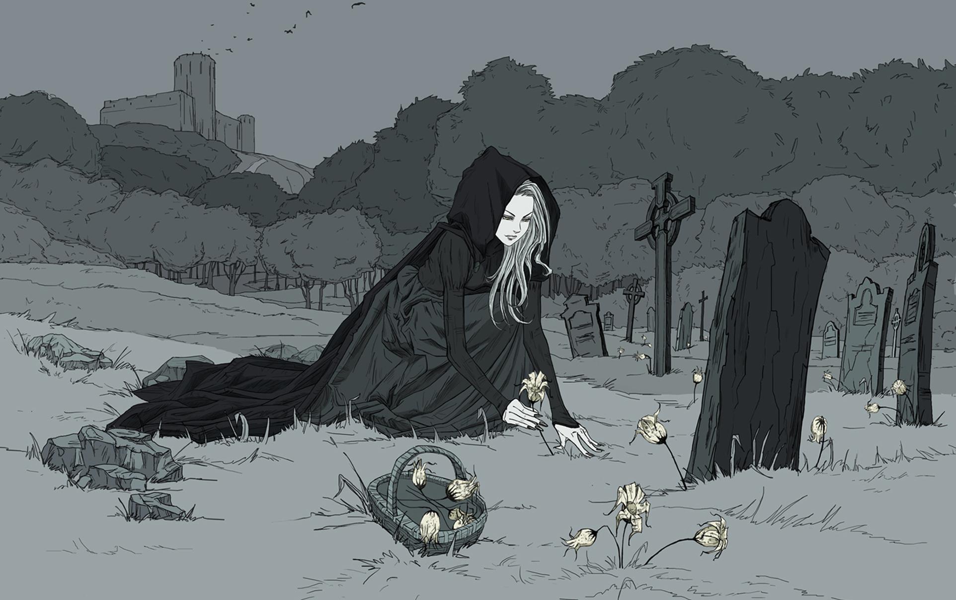 1924x1207 girl, Monochrome, Castle, Tombs, Birds, Flowers, Gothic, Sad, Cemetery, Dark, Fantasy Wallpaper HD / Desktop and Mobile Background