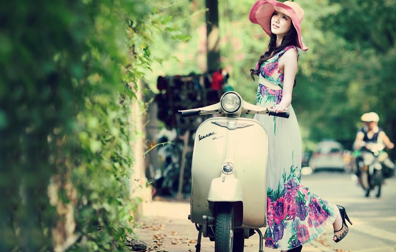 1332x850 Wallpaper girl, vintage, beautiful, model, spring, vespa, asian image for desktop, section ситуации