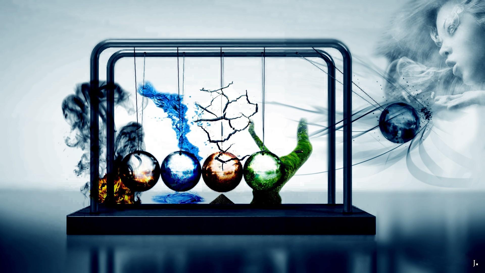 1920x1080 #elements #four elements #Newtons cradle #simple background #balls #science #air #abstract #Earth #wind #women #digital art #fire #nature #ball #water wallpaper. Mocah HD Wallpaper