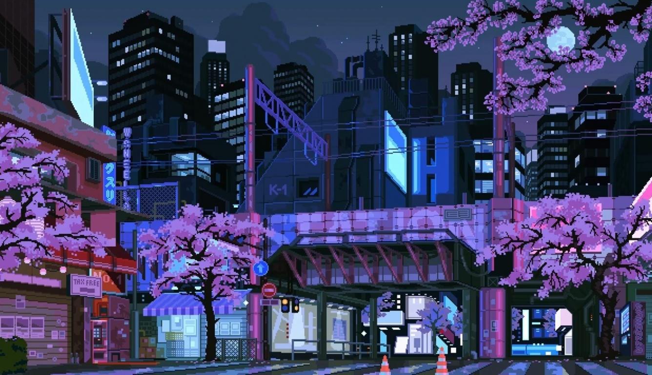 1336x768 Wallpaper Skyscrapers, Pixel, Town, City, Cherry Blossom, Night