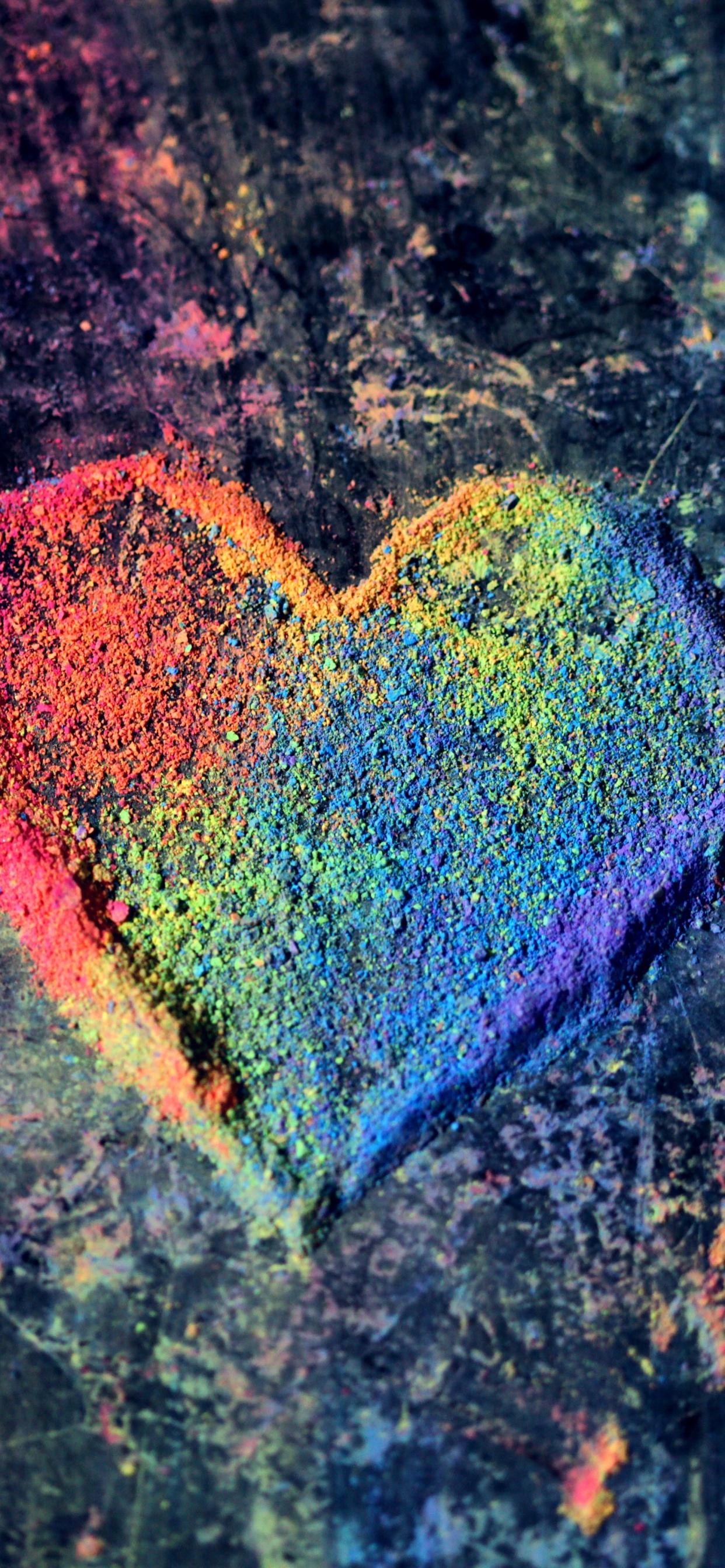 1242x2688 Love heart 4K Wallpaper, Rainbow colors, Colorful, Chalk dust, 5K, Photography
