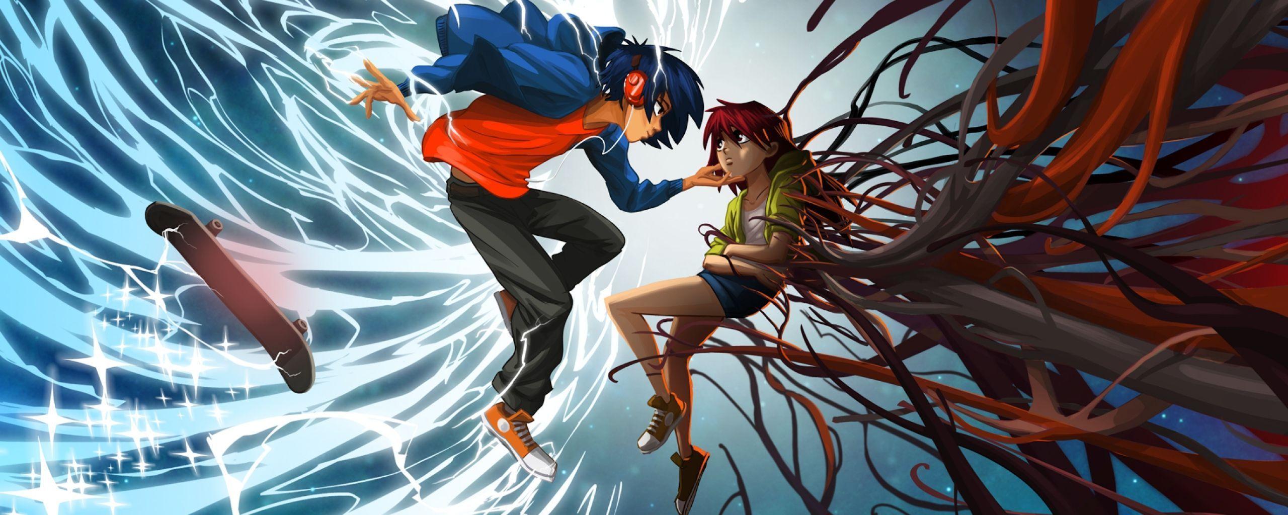 2560x1024 Download Wallpaper 2560x1024 Lost in harmony, Game, Boy, Girl