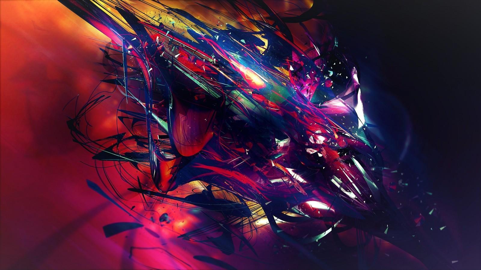 1600x900 colorful, digital art, dark, abstract, 3D, red, purple, green, blue, rainbows, pink, bright, shards, light, color, flower, darkness, computer wallpaper, special effects, macro photography. Mocah HD Wallpaper