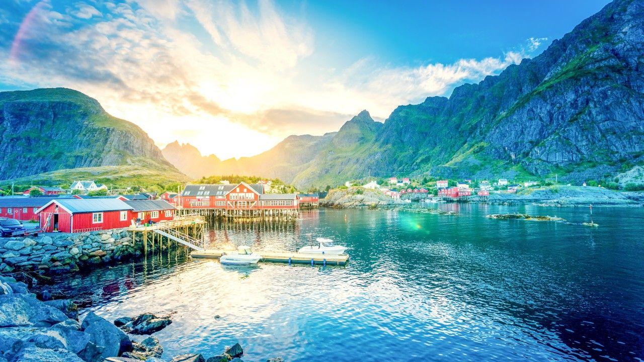 1280x720 Lofoten, 5k, 4k wallpaper, 8k, Norway, lake, mountains, house (horizontal). Norway nature, Sunrise wallpaper, Lofoten