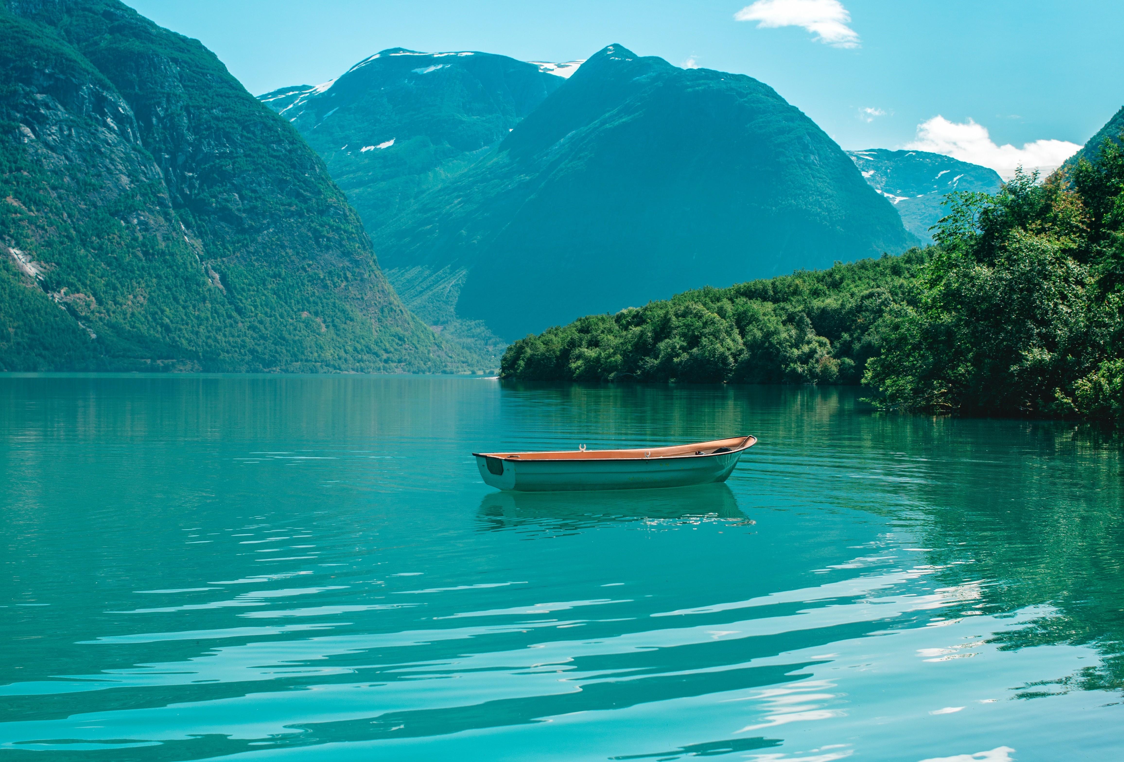 4625x3137 Download 4625x3137 Norway, Lake, Boat, Mountains, Trees Wallpaper