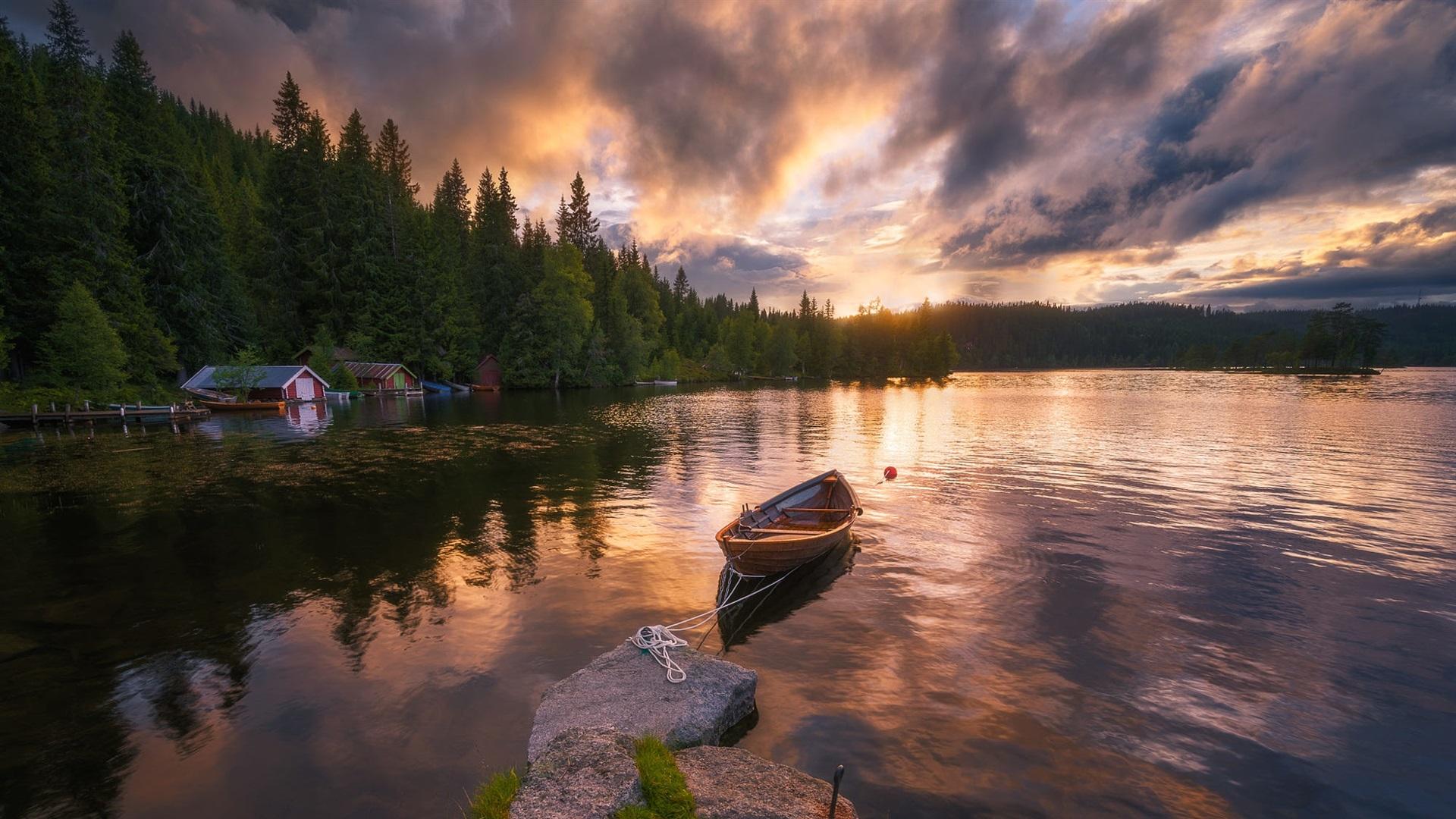 1920x1080 Wallpaper Ringerike, Norway, lake, boat, sunrise 1920x1200 HD Picture, Image