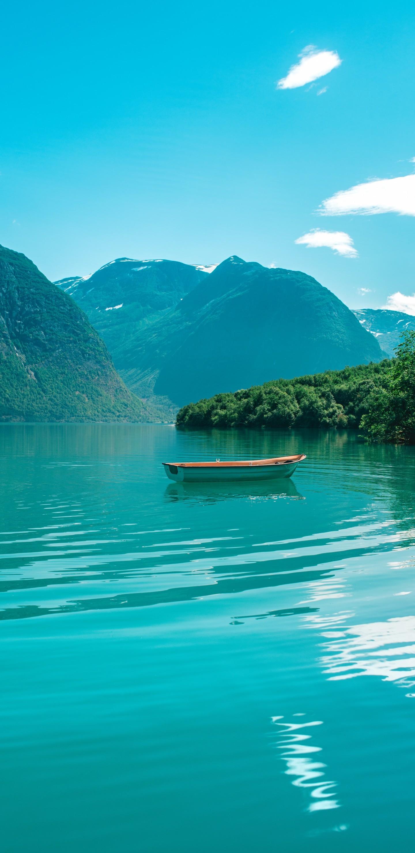 1440x2960 Download 1440x2960 Norway, Lake, Boat, Mountains, Trees Wallpaper for Samsung Galaxy S Note S S8+, Google Pixel 3 XL