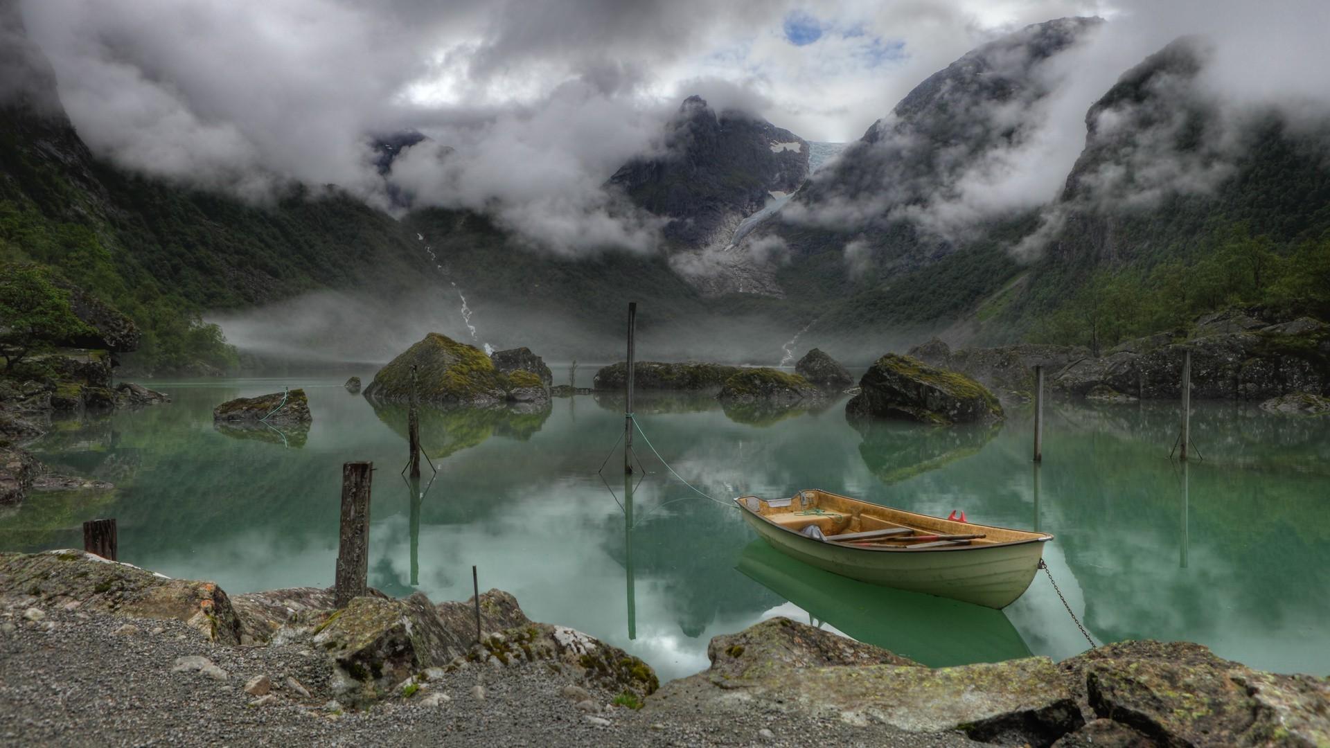 1920x1080 nature, Landscape, Water, Rock, Clouds, Norway, Lake, Mist, Boat, Moss, Reflection, Trees, Forest, Mountain Wallpaper HD / Desktop and Mobile Background
