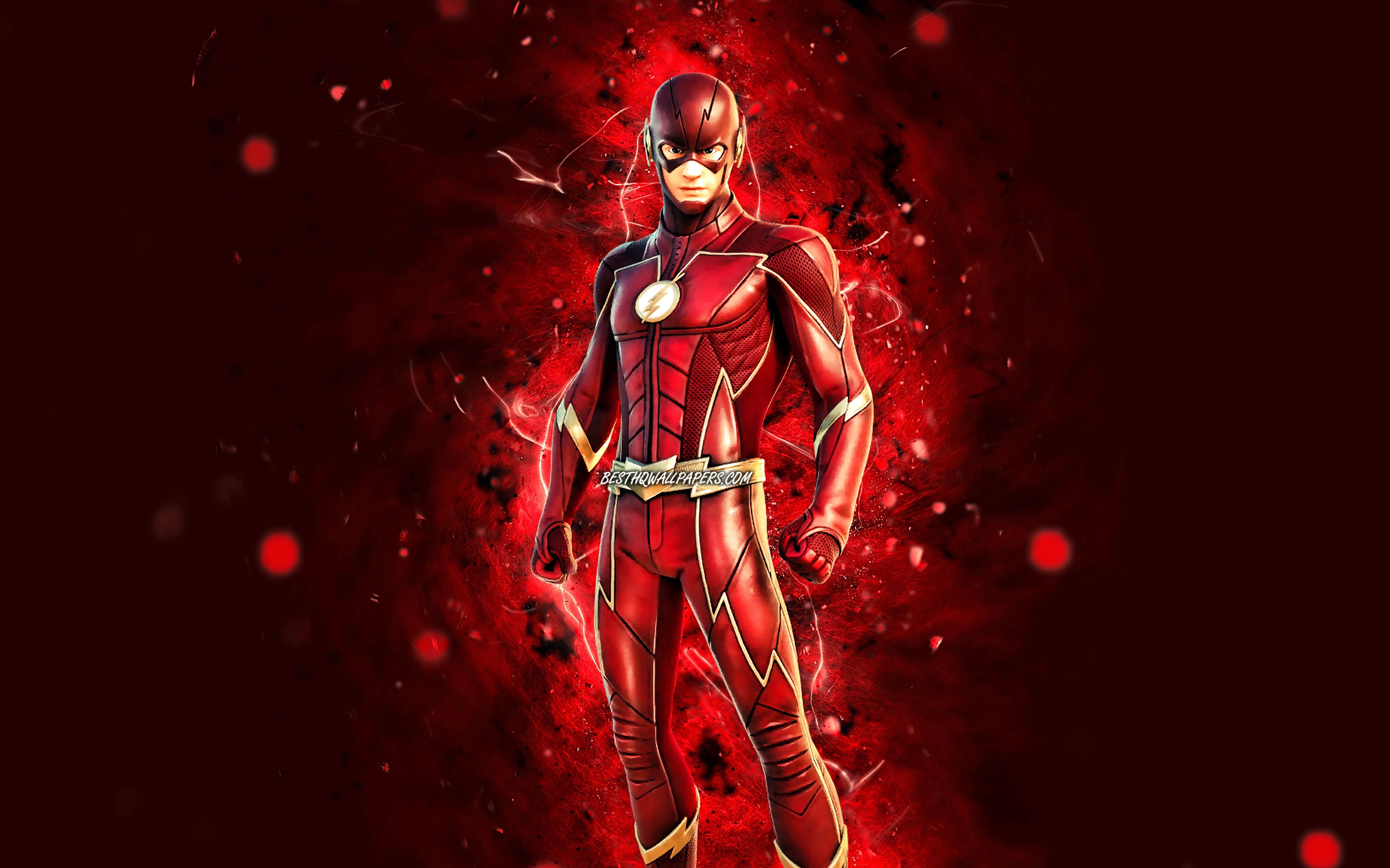 3840x2400 Download wallpaper The Flash, 4k, red neon lights, Fortnite Battle Royale, Fortnite characters, The Flash Skin, Fortnite, The Flash Fortnite for desktop with resolution 3840x2400. High Quality HD picture wallpaper