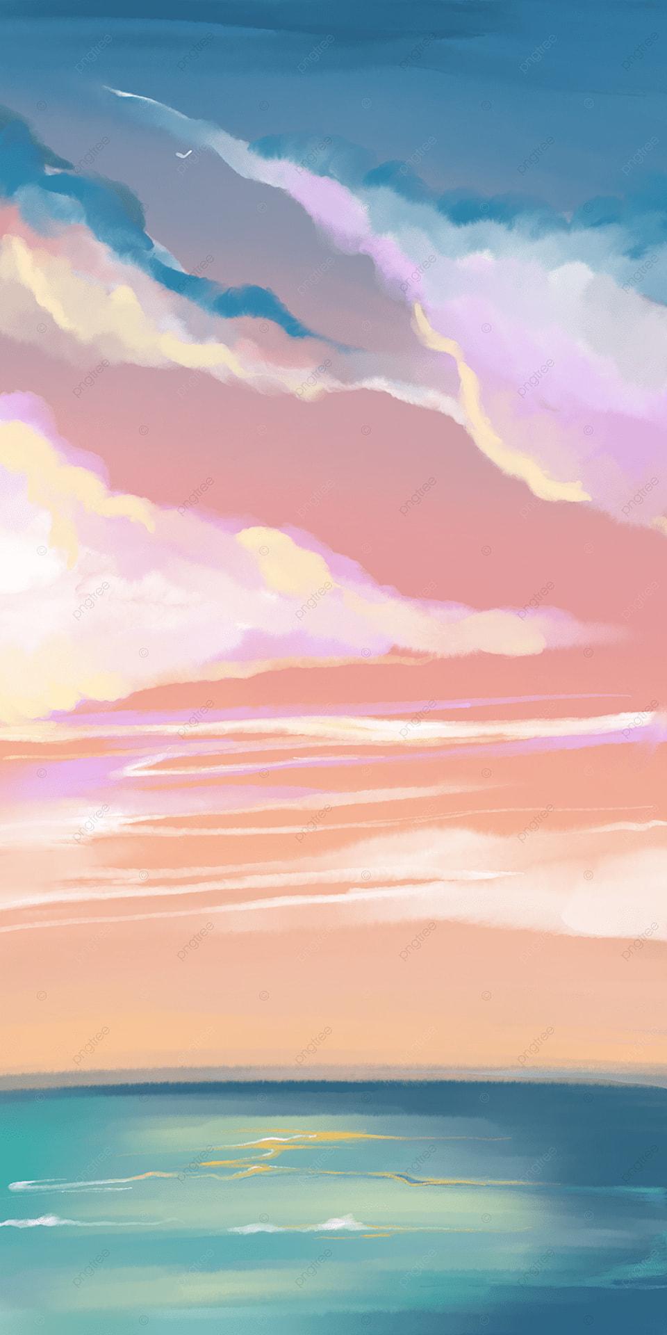 960x1920 Beautiful Sea Sky Watercolor Mobile Phone Wallpaper Background, Dusk Sea Background, Watercolor, Blue Water Background Image for Free Download
