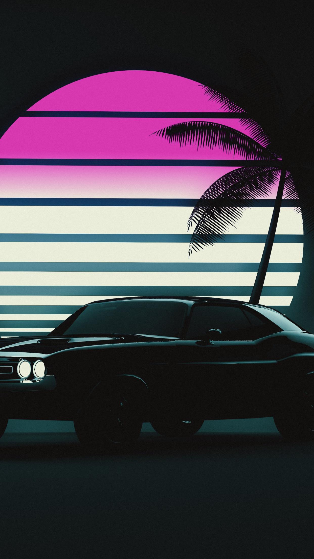 1242x2208 Muscle car 4K Wallpaper, Retro, Vintage car, Sunset, Neon, 5K, Cars