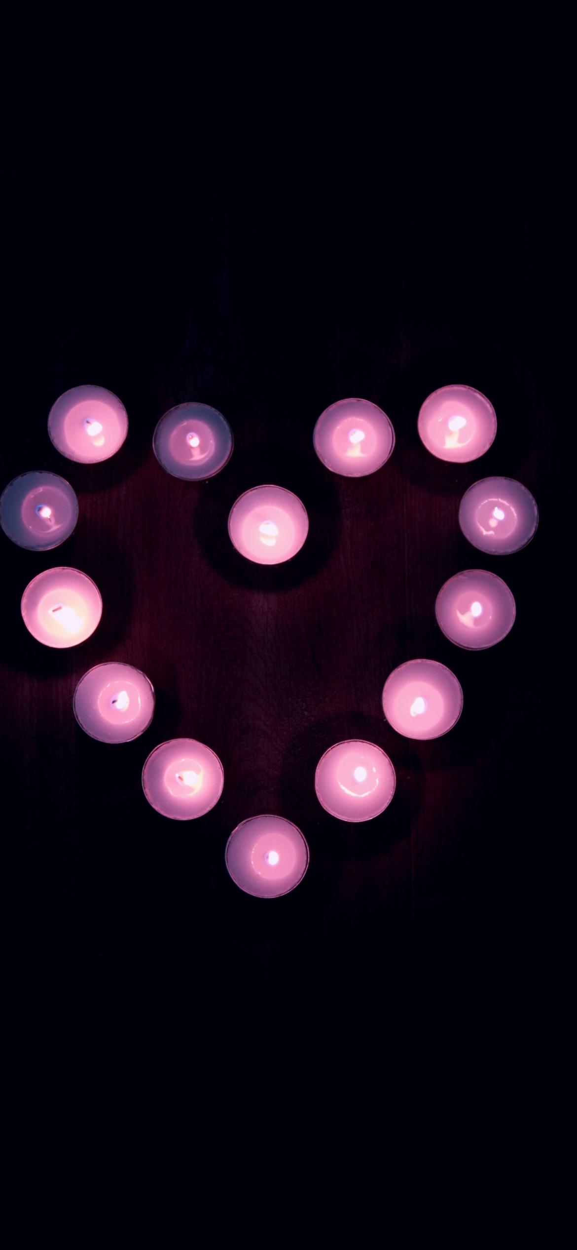 1170x2532 Love Heart 4K Wallpaper, Candle Lights, Black Background, Pink, Heart, Tea Light, 5K, Black Dark