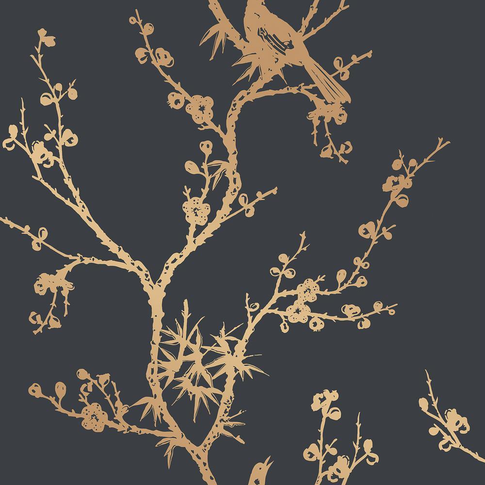 1000x1000 Tempaper Cynthia Rowley Bird Watching Black & Gold Peel and Stick Wallpaper (Covers 60 sq. ft.)-CR448 Home Depot