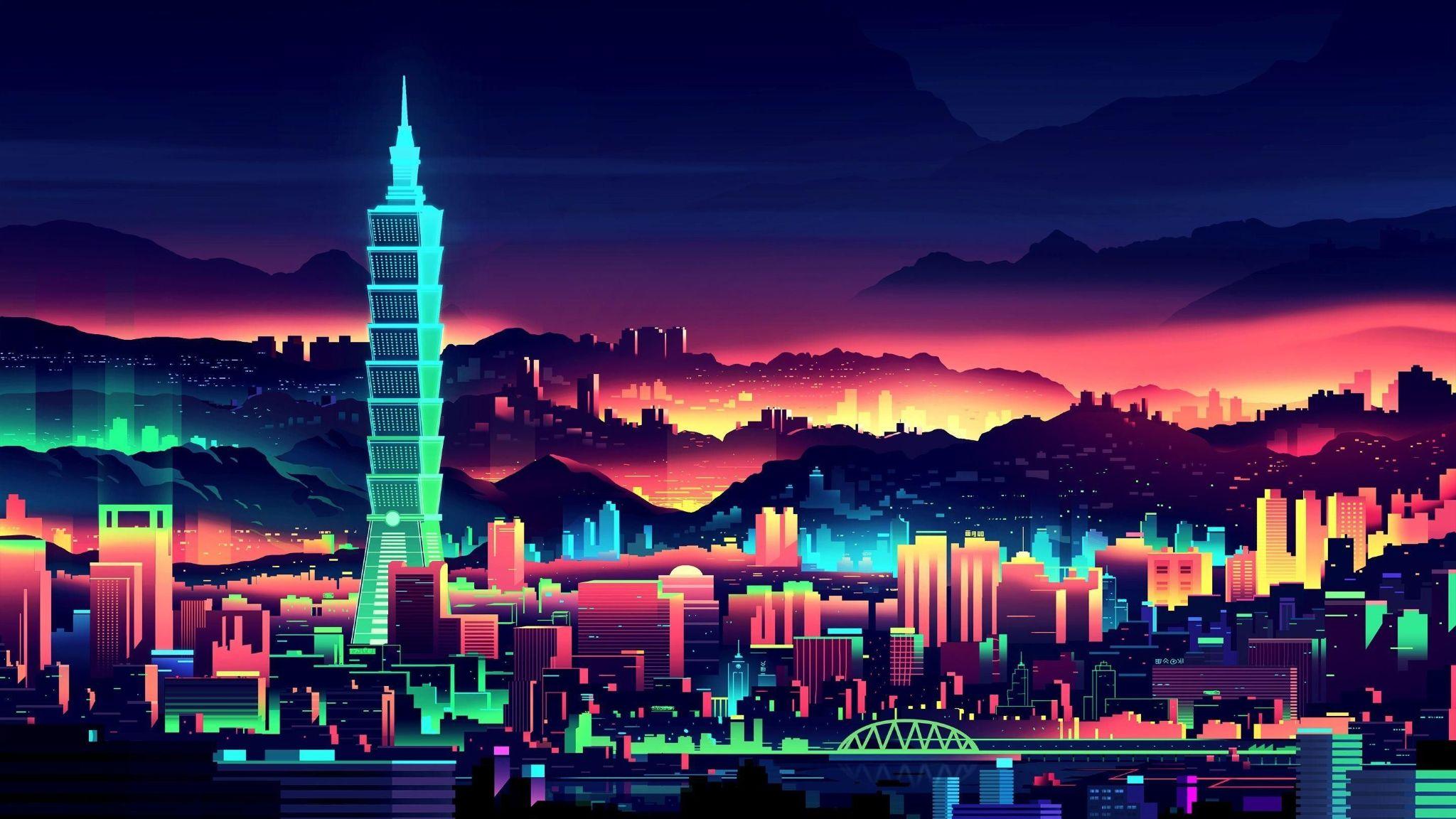 2048x1152 Retro 80s Digital Minimalism City 2048x1152 Resolution Wallpaper, HD Minimalist 4K Wallpaper, Image, Photo and Background