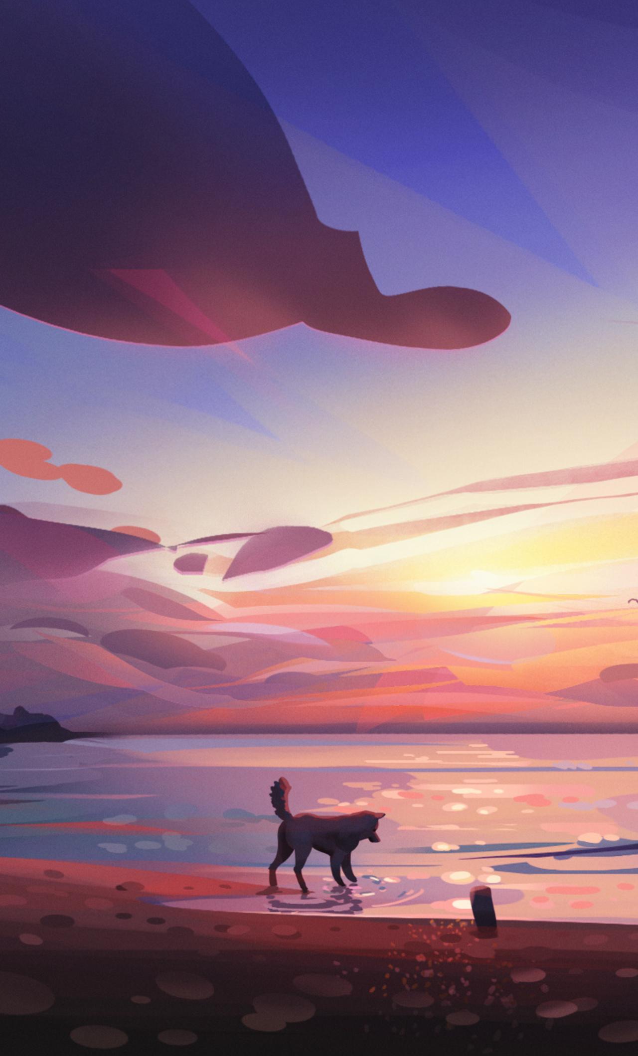 1280x2120 Dog Beach Minimal Art iPhone HD 4k Wallpaper, Image, Background, Photo and Picture