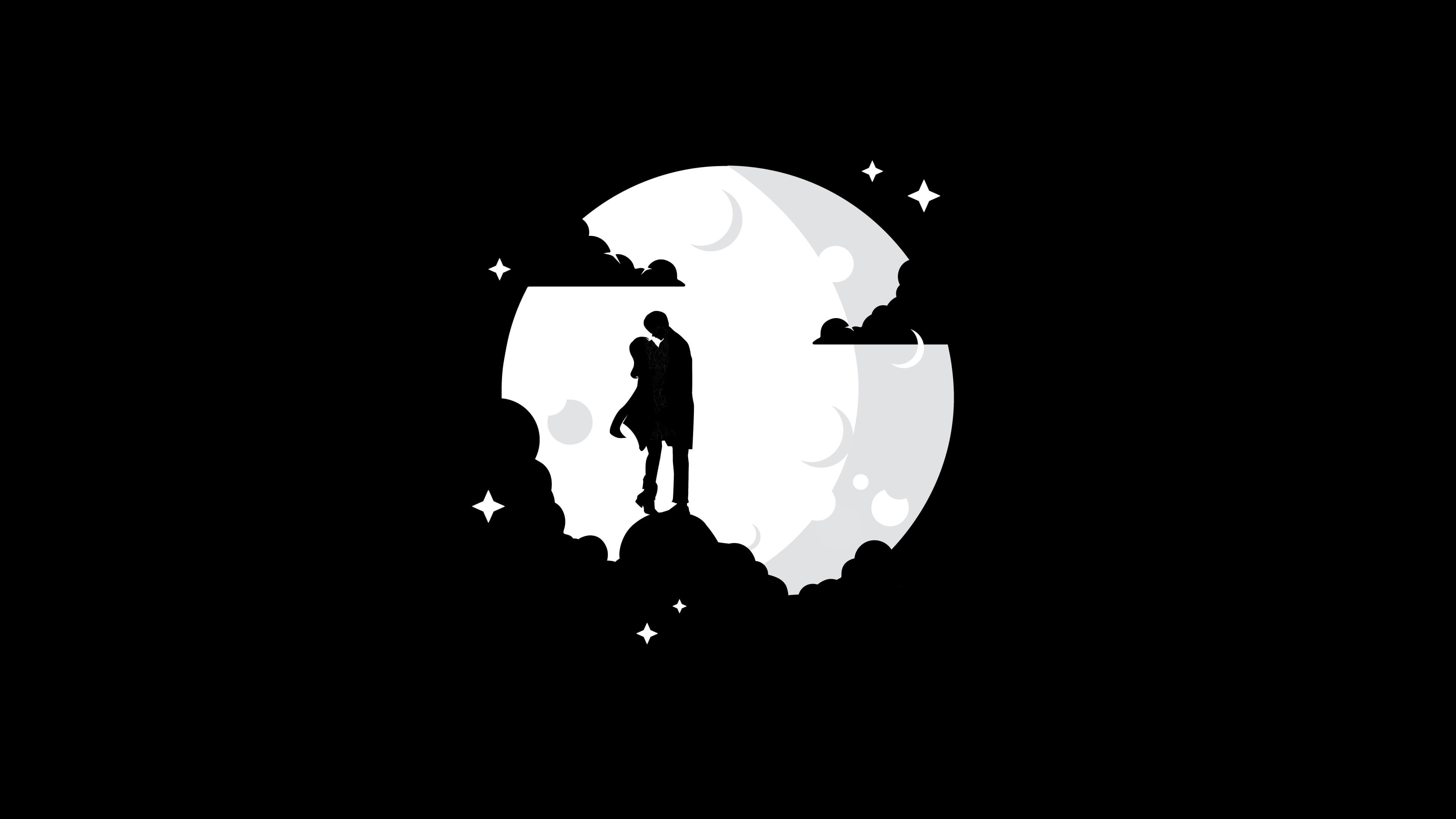 3840x2160 Couple 4K Wallpaper, Silhouette, Moon, Black Background, Black Dark