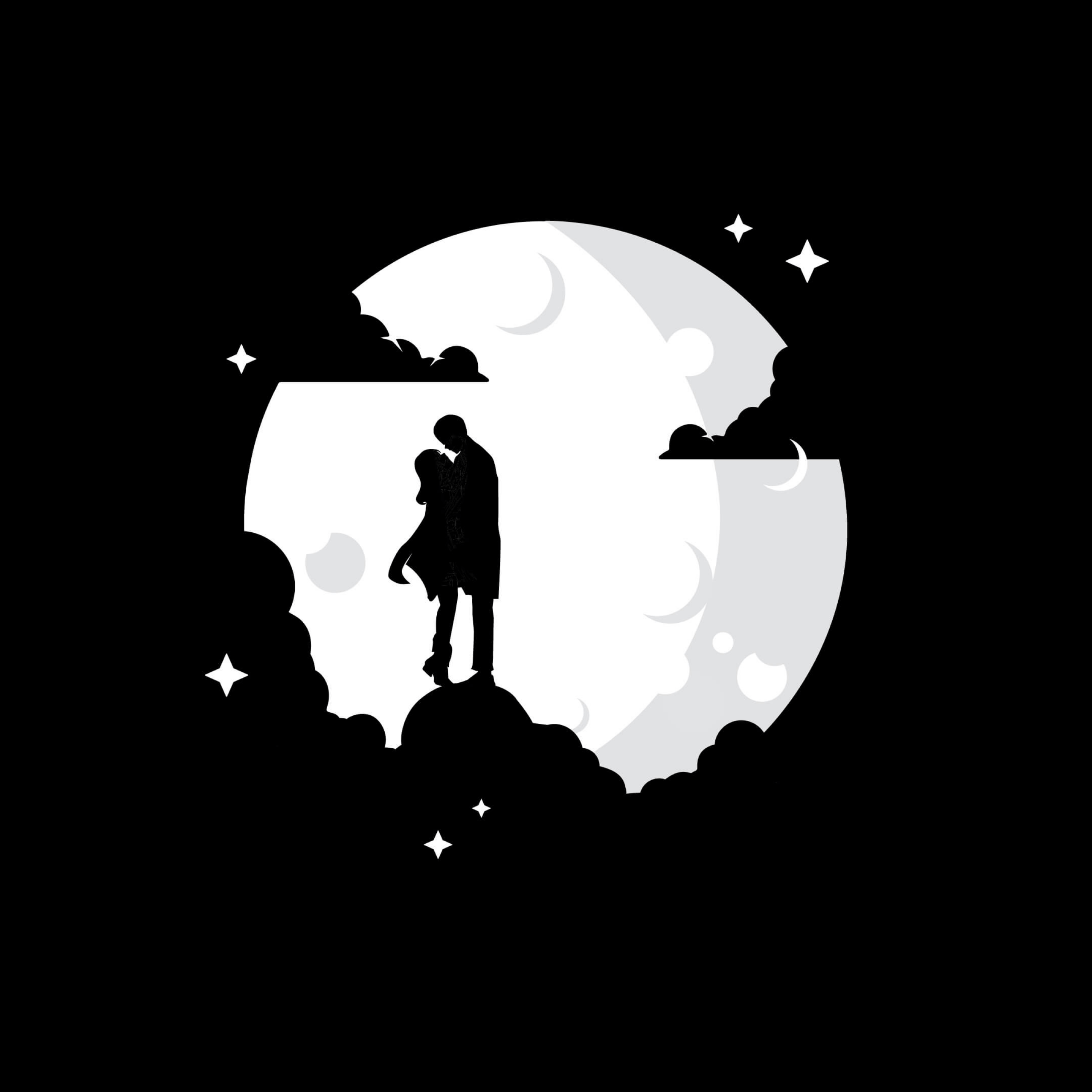 2560x2560 Couple 4K Wallpaper, Silhouette, Moon, Black Background, Black Dark