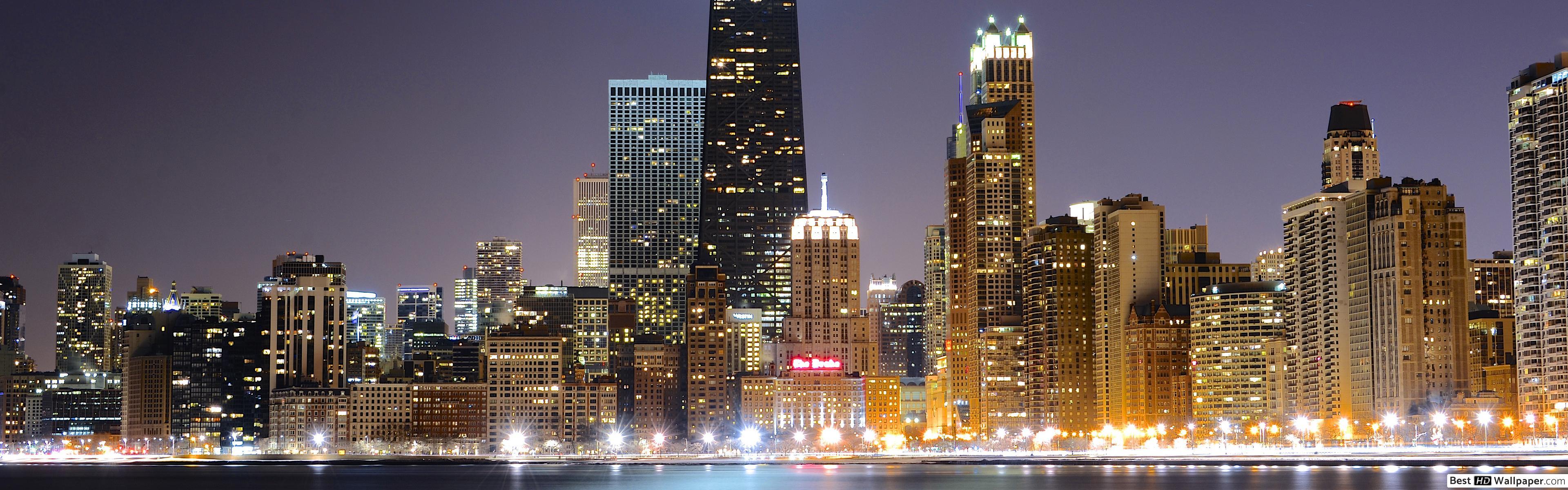 3840x1200 Chicago night HD wallpaper download