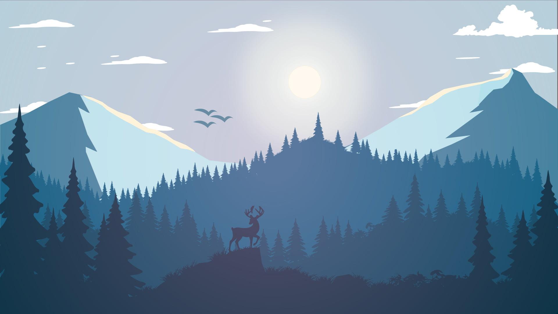 1920x1080 Deer on mountain wallpaper, silhouette of trees under white sky illustration • Wallpaper For You HD Wallpaper For Desktop & Mobile