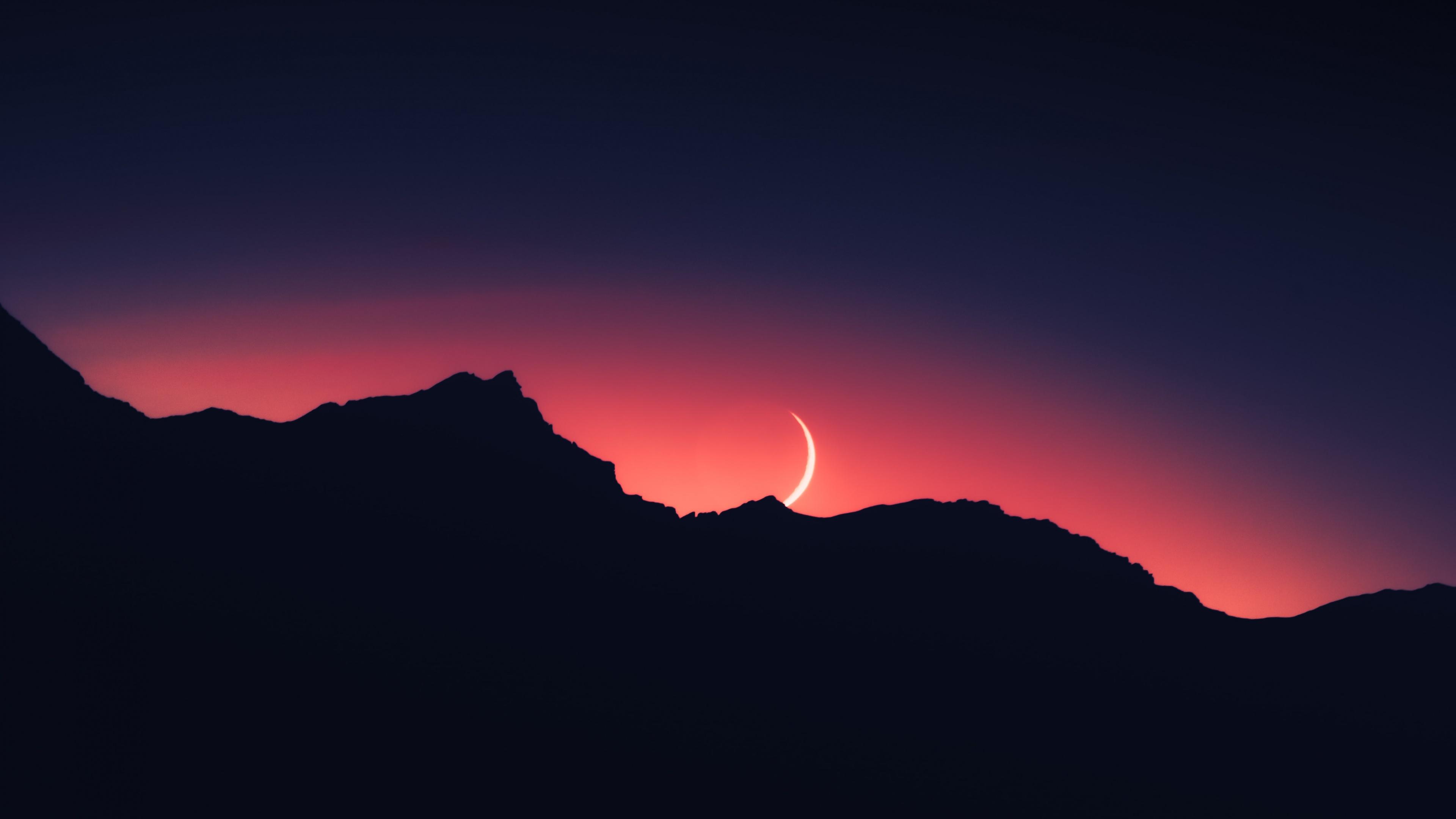 3840x2160 Sunset 4K Wallpaper, Mountain silhouette, Crescent Moon, Night time, Landscape, 5K, Nature