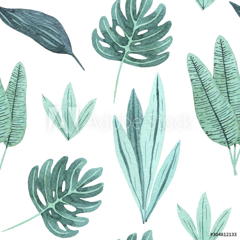1000x1000 Beautiful Seamless Watercolor Floral Summer Pattern Background With Tropical Palm Leaves, Leopard Perfect For Wallpaper, Web Page Background, Surface Textures, Textile Wall Mural Tatsiana Zayats