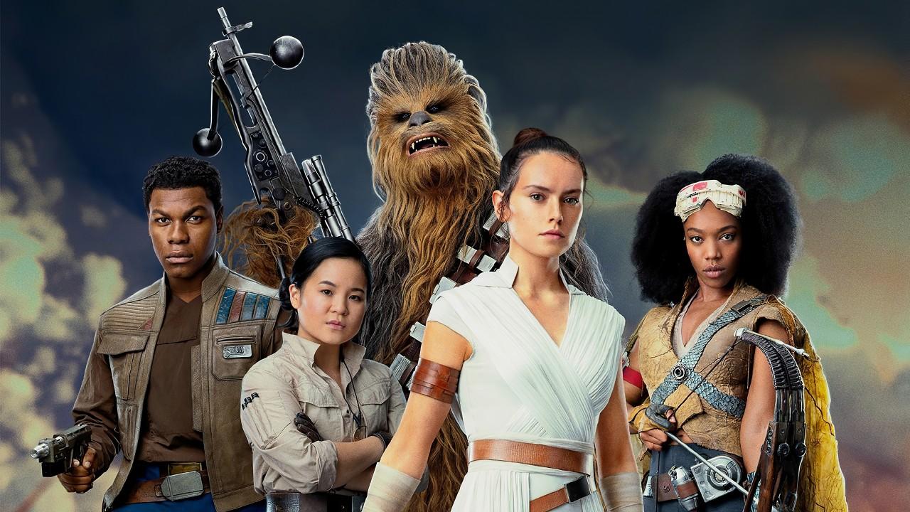 1280x720 star wars the rise of skywalker chewbacca finn rey rose tico with background of dark sky and clouds 4k HD movies Wallpaper