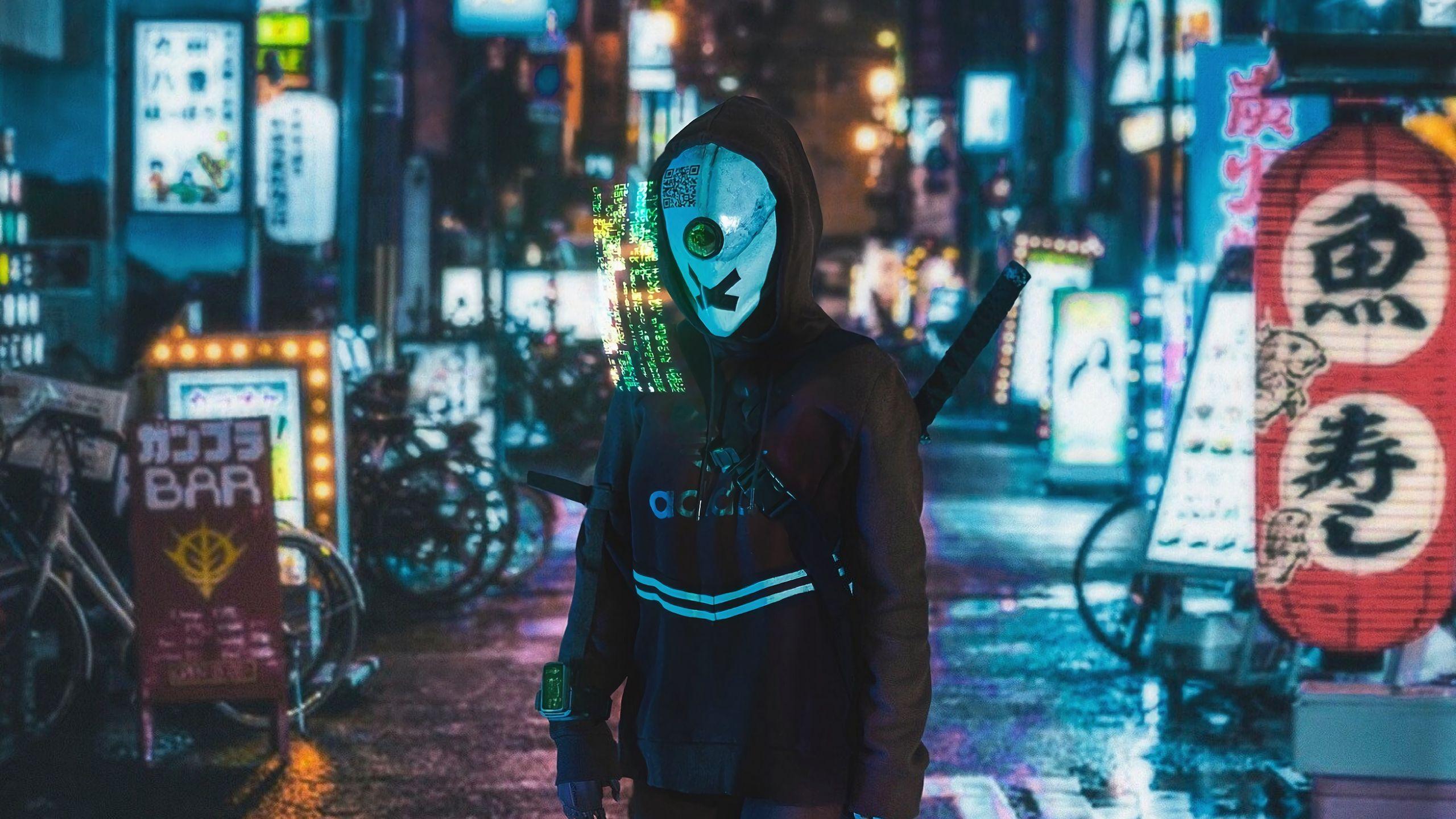 2560x1440 Download Wallpaper 2560x1440 Cyborg, Hologram, Cyberpunk, Street, Sci Fi Widescreen 16:9 HD Background