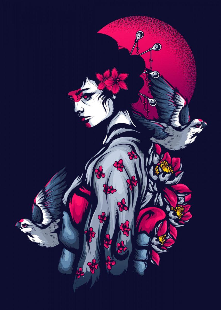 857x1200 Geisha' Poster by Queensy Collin. Displate. Japanese pop art, Japanese art samurai, Geisha art