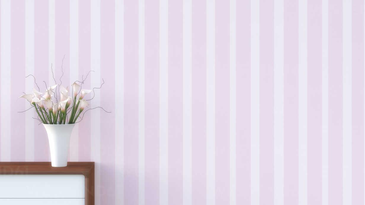 1232x693 Sideboard with flower vase in front of striped pink wallpaper