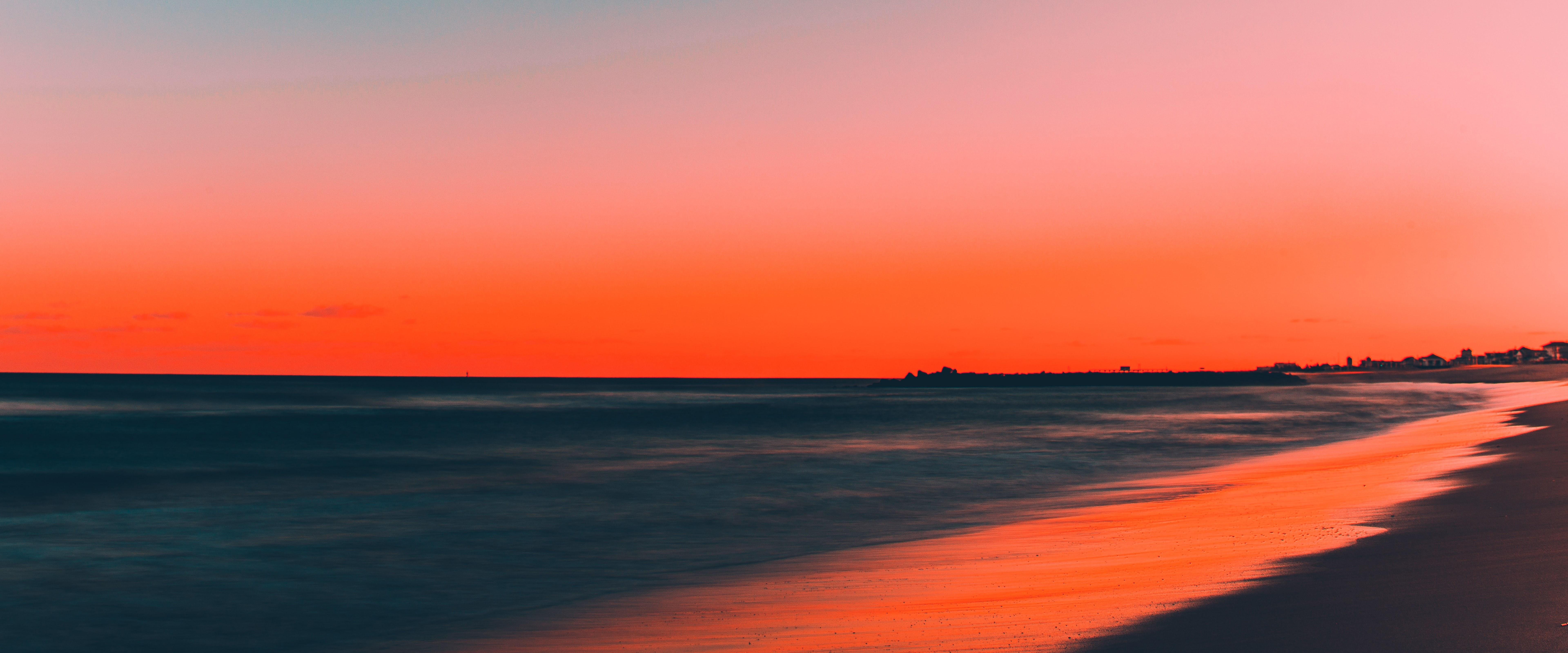 7680x3200 Sunset Beach Sea Horizon Scenery 8K Wallpaper