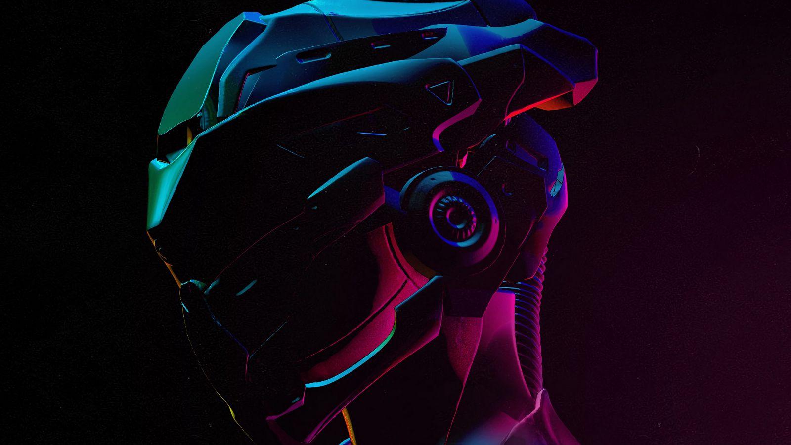 1600x900 Download wallpaper 1600x900 cyborg, helmet, future, colorful, dark widescreen 16:9 HD background